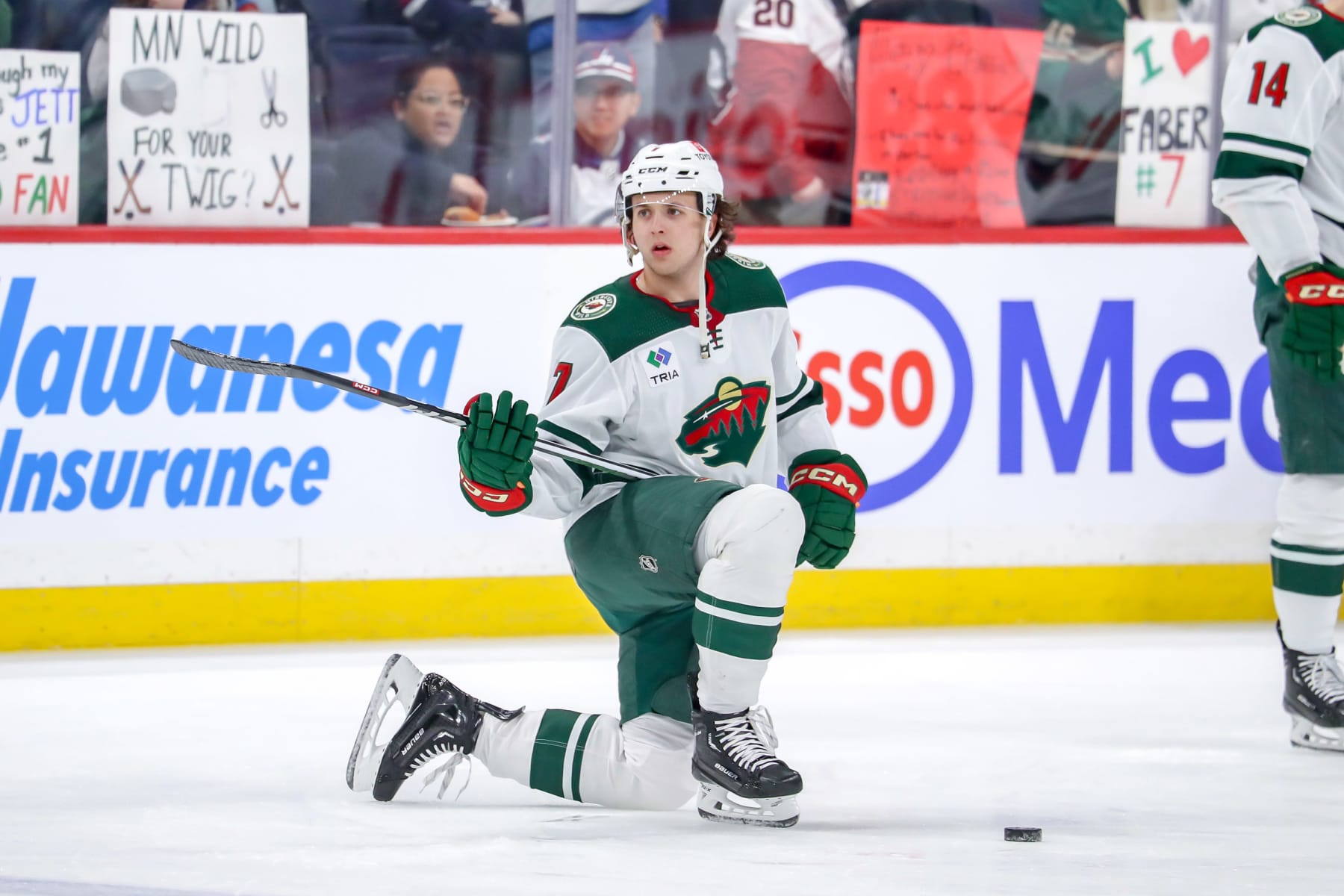 WINNIPEG, CANADA - FEBRUARY 20: Brock Faber #7 of the Minnesota Wild takes part in the pre-game warm up prior to NHL action against the Winnipeg Jets on Black History Night at the Canada Life Centre on February 20, 2024 in Winnipeg, Manitoba, Canada. (Photo by Darcy Finley/NHLI via Getty Images)