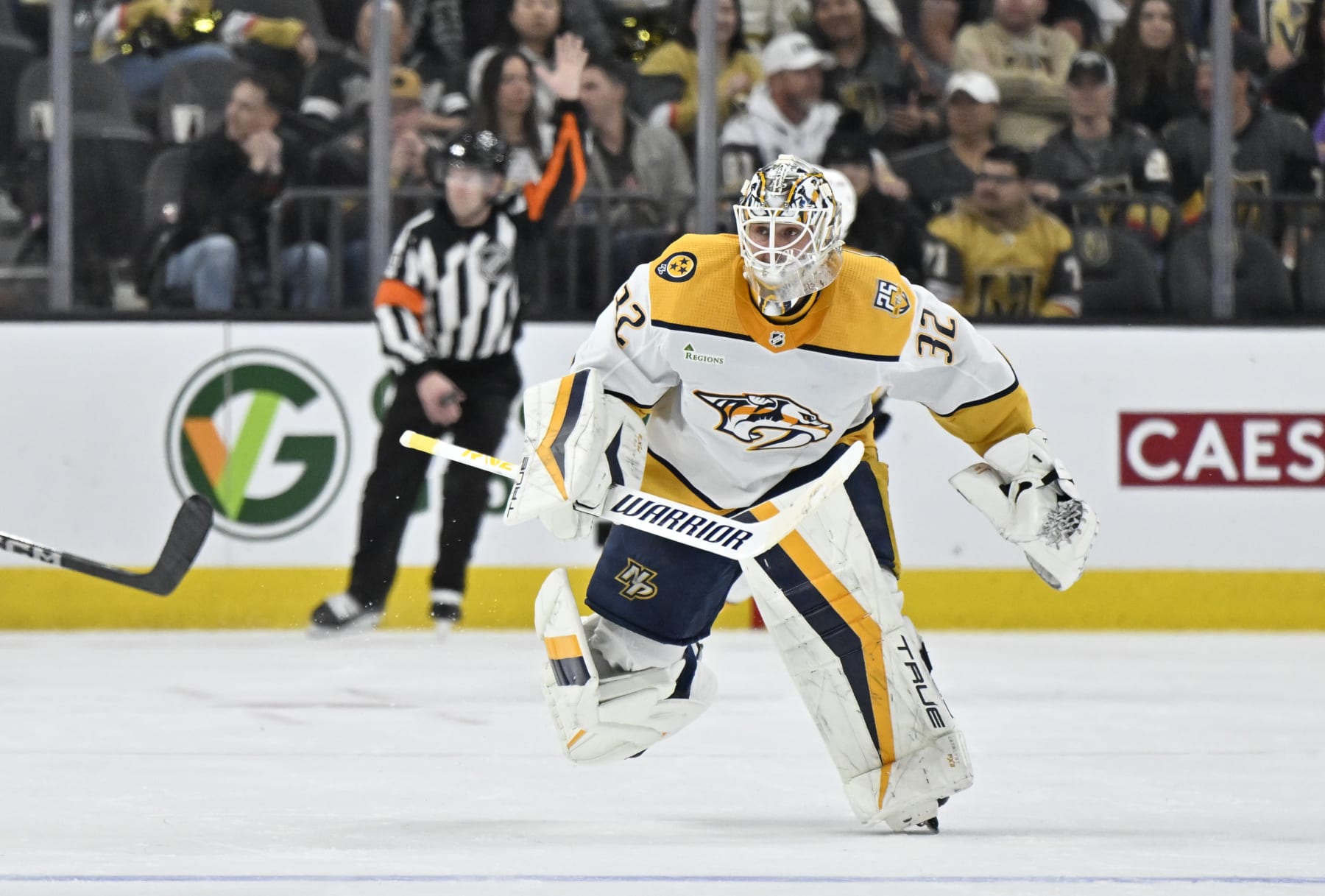 LAS VEGAS, NEVADA - FEBRUARY 20: Kevin Lankinen #32 of the Nashville Predators skates to the bench for an extra attacker on a delayed penalty during the second period against the Vegas Golden Knights at T-Mobile Arena on February 20, 2024 in Las Vegas, Nevada. (Photo by David Becker/NHLI via Getty Images)