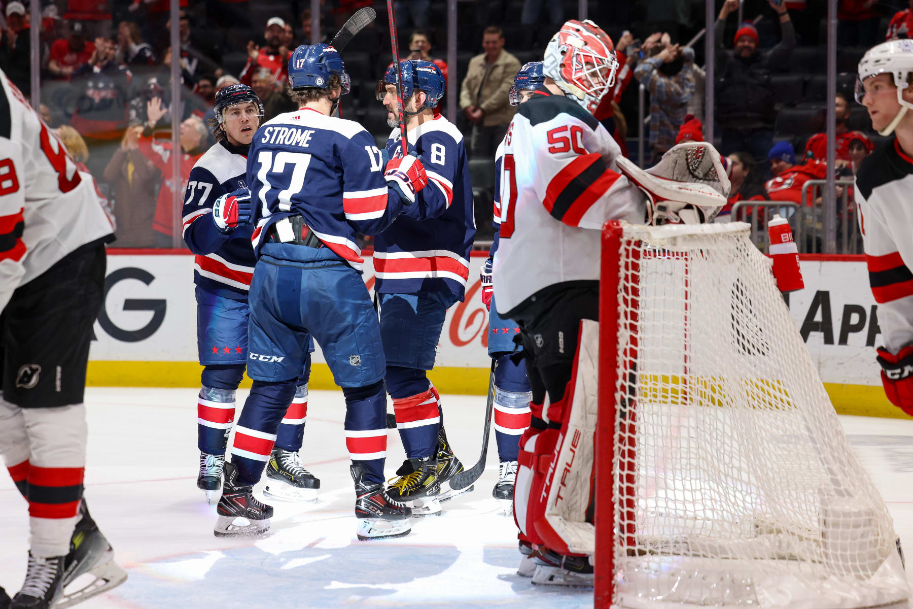 WASHINGTON, DC - FEBRUARY 20: Alex Ovechkin #8 of the Washington Capitals celebrates his second goal of the game against the New Jersey Devils Capital One Arena on February 20, 2024 in Washington, D.C. (Photo by John McCreary/NHLI via Getty Images)