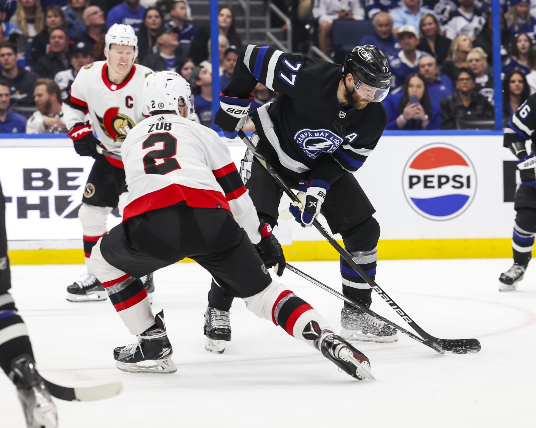 TAMPA, FL - FEBRUARY 19: Victor Hedman #77 of the Tampa Bay Lightning against the Ottawa Senators during the second period at Amalie Arena on February 19, 2024 in Tampa, Florida. (Photo by Mark LoMoglio/NHLI via Getty Images)