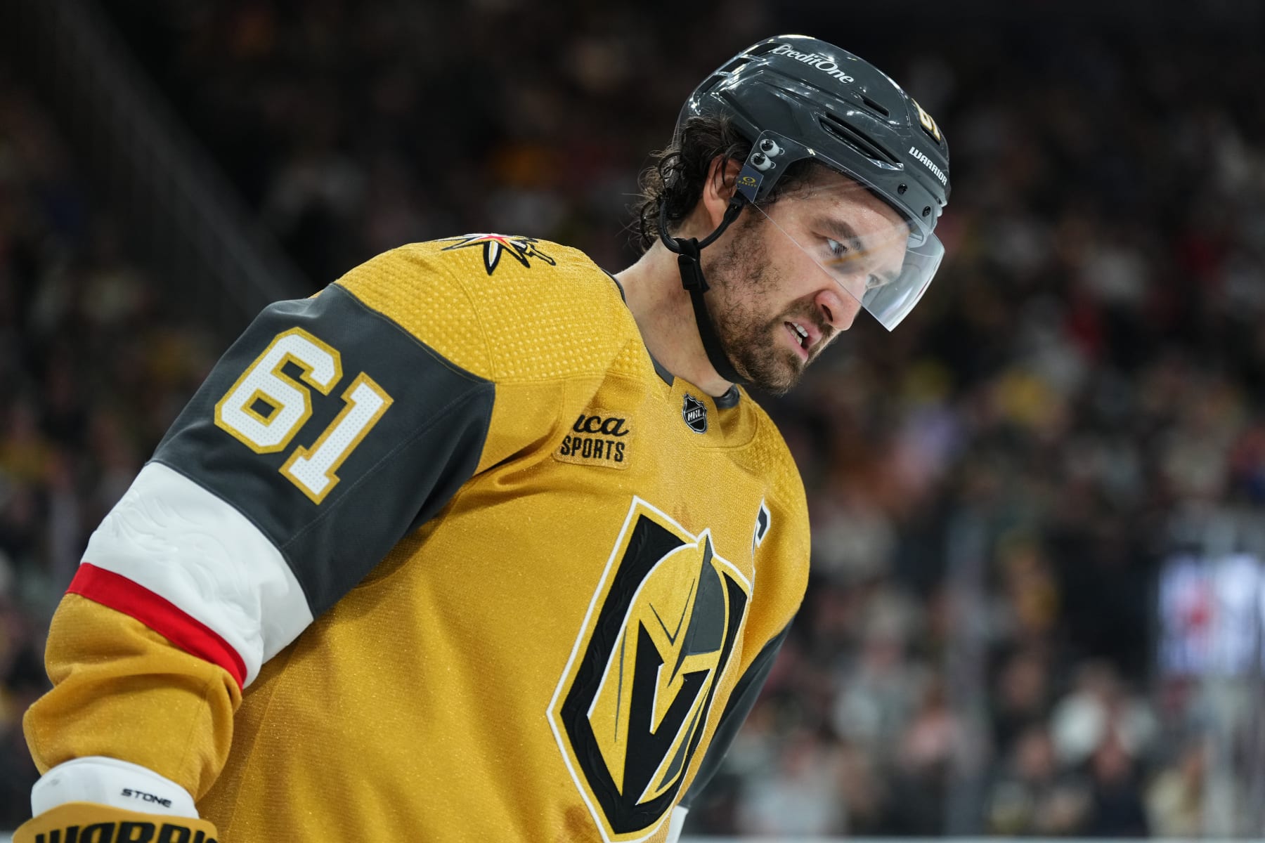 LAS VEGAS, NEVADA - FEBRUARY 17: Mark Stone #61 of the Vegas Golden Knights reacts during the second period against the Carolina Hurricanes at T-Mobile Arena on February 17, 2024 in Las Vegas, Nevada. (Photo by Jeff Bottari/NHLI via Getty Images)