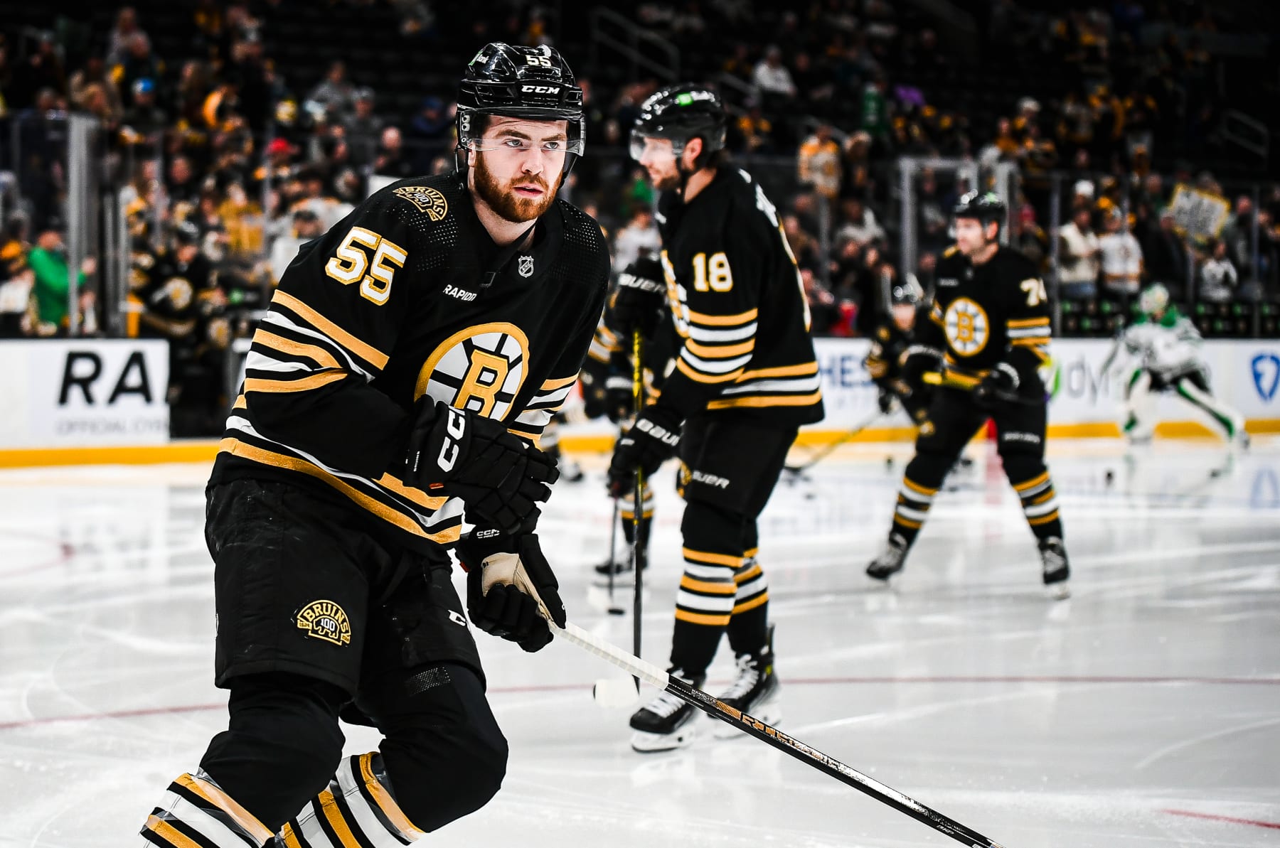 BOSTON, MASSACHUSETTS - FEBRUARY 19: Justin Brazeau #55 of the Boston Bruins warms up before the game against the Dallas Stars at TD Garden on February 19, 2024 in Boston, Massachusetts. (Photo by China Wong/NHLI via Getty Images)