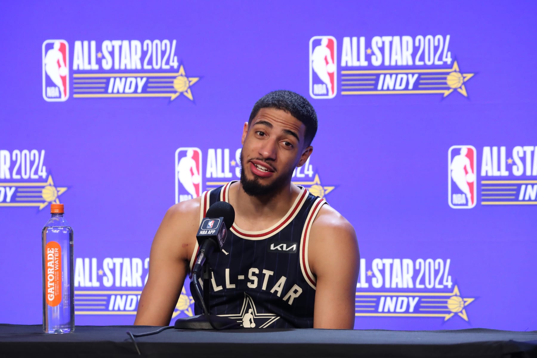 INDIANAPOLIS, IN - FEBRUARY 18: Tyrese Haliburton #0 of the Eastern Conference talks to the media after the NBA All-Star Game as part of NBA All-Star Weekend on Sunday, February 18, 2024 at Gainbridge Fieldhouse in Indianapolis, Indiana. NOTE TO USER: User expressly acknowledges and agrees that, by downloading and/or using this Photograph, user is consenting to the terms and conditions of the Getty Images License Agreement. Mandatory Copyright Notice: Copyright 2024 NBAE (Photo by Gary Dineen/NBAE via Getty Images)