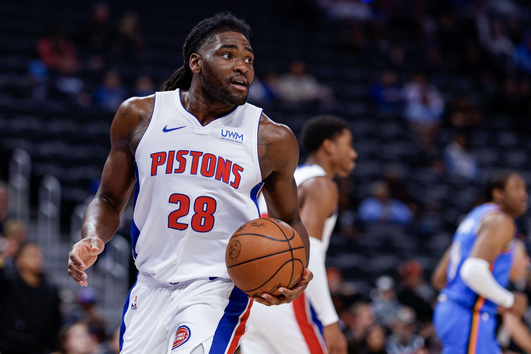 DETROIT, MICHIGAN - JANUARY 28: Isaiah Stewart #28 of the Detroit Pistons looks on in the first half of a game against the Oklahoma City Thunder at Little Caesars Arena on January 28, 2024 in Detroit, Michigan. NOTE TO USER: User expressly acknowledges and agrees that, by downloading and or using this photograph, User is consenting to the terms and conditions of the Getty Images License Agreement. (Photo by Mike Mulholland/Getty Images)
