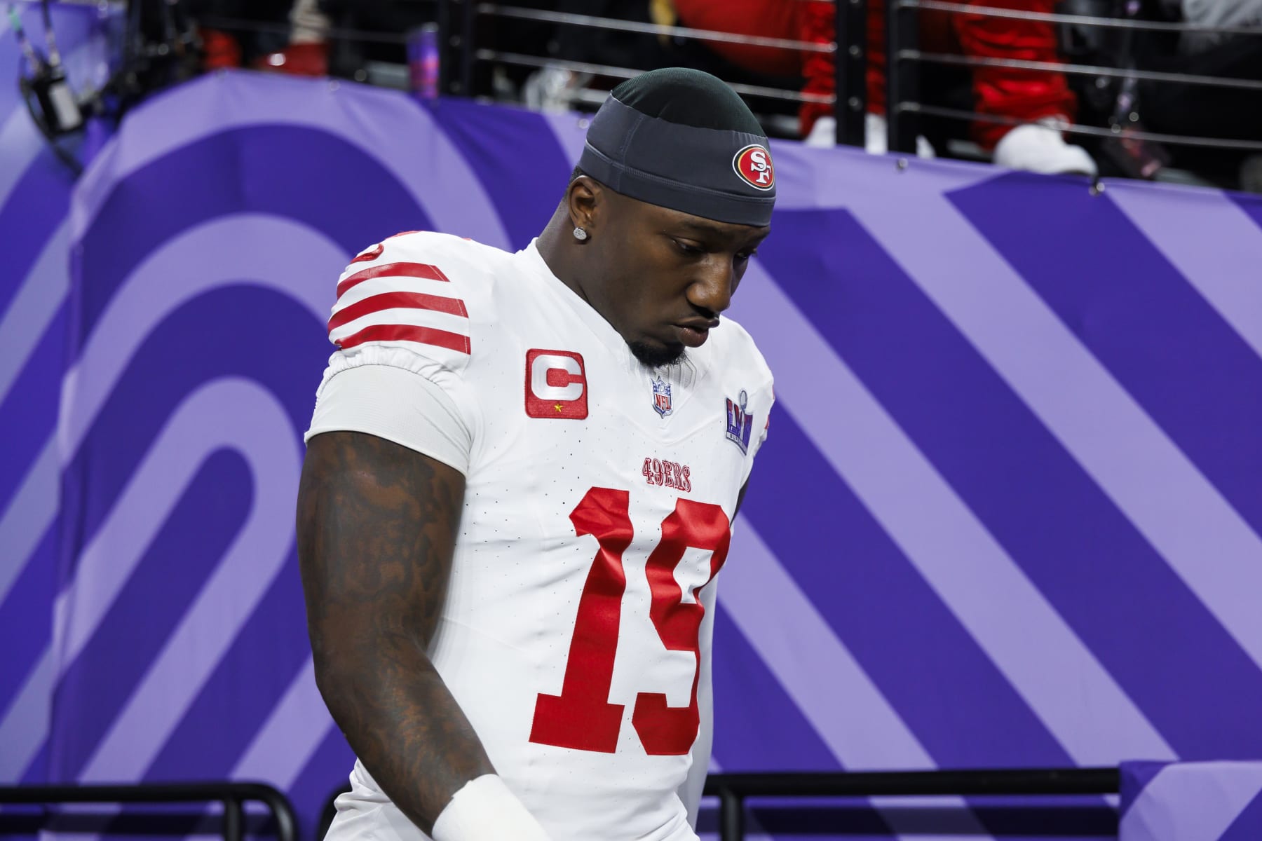 LAS VEGAS, NEVADA - FEBRUARY 11: Deebo Samuel #19 of the San Francisco 49ers enters the field after halftime during Super Bowl LVIII against the Kansas City Chiefs at Allegiant Stadium on February 11, 2024 in Las Vegas, Nevada. (Photo by Ryan Kang/Getty Images)