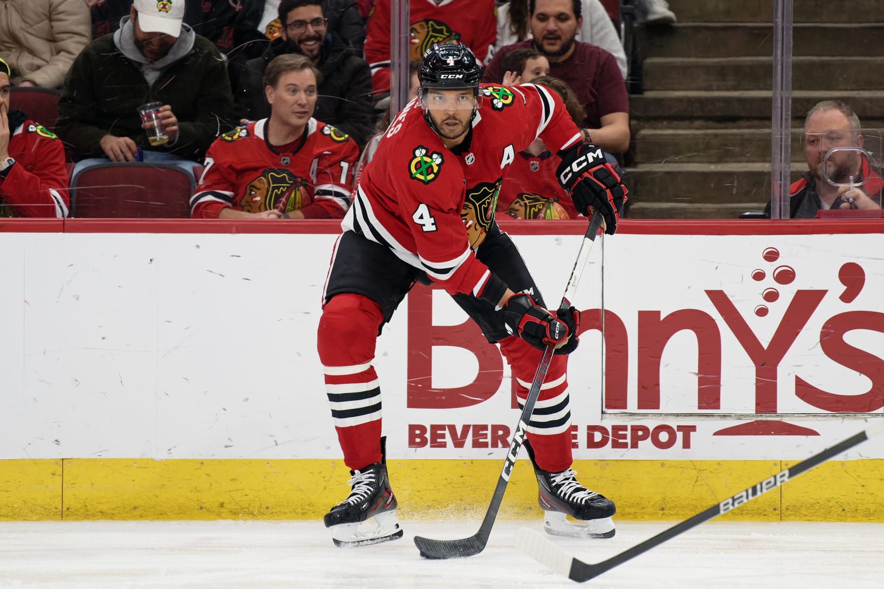 CHICAGO, ILLINOIS - FEBRUARY 21: Seth Jones #4 of the Chicago Blackhawks skates against the Philadelphia Flyers on February 21, 2024 at United Center in Chicago, Illinois. (Photo by Jamie Sabau/Getty Images)
