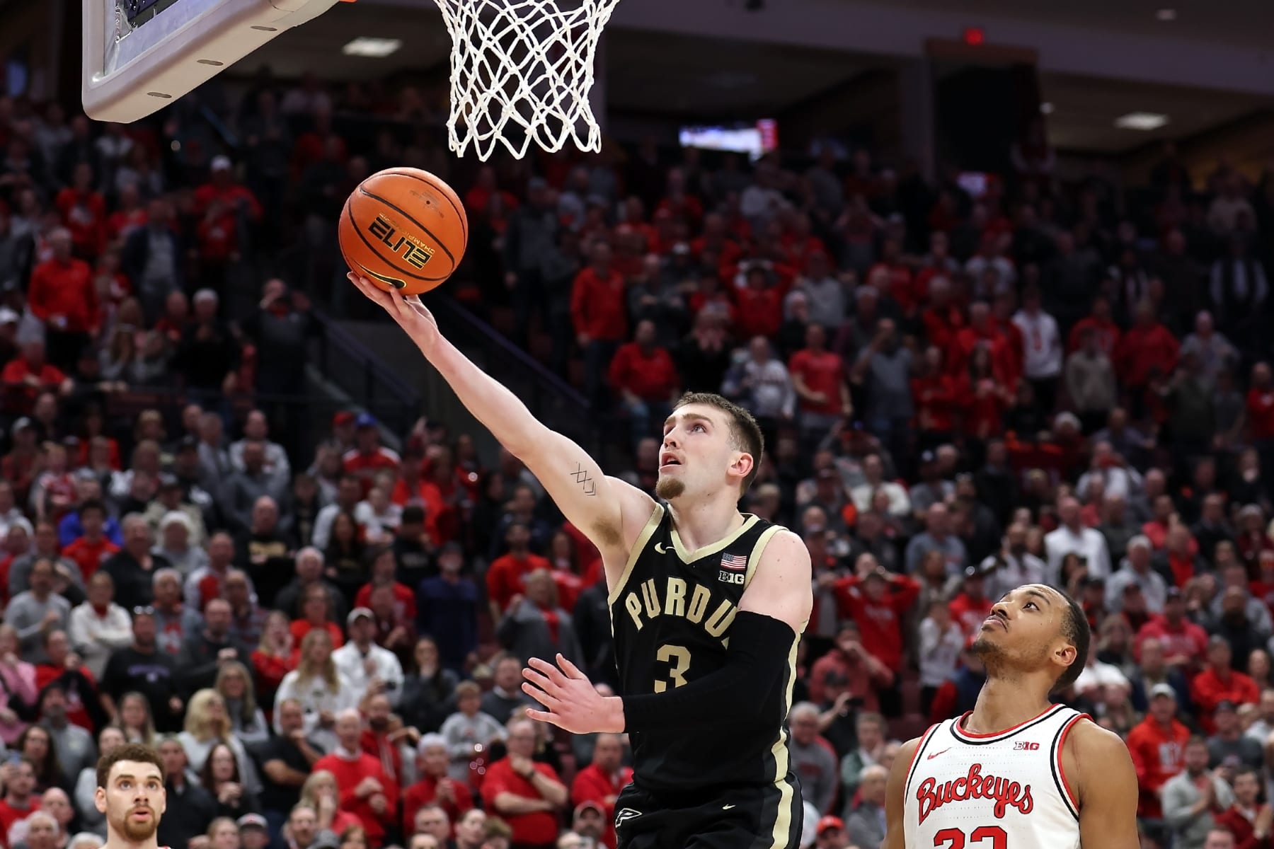 COLUMBUS, OHIO - FEBRUARY 18: Braden Smith #3 of the Purdue Boilermakers shoots the ball during the game against the Ohio State Buckeyes at Value City Arena on February 18, 2024 in Columbus, Ohio. Ohio State defeated Purdue 73-69. (Photo by Kirk Irwin/Getty Images)