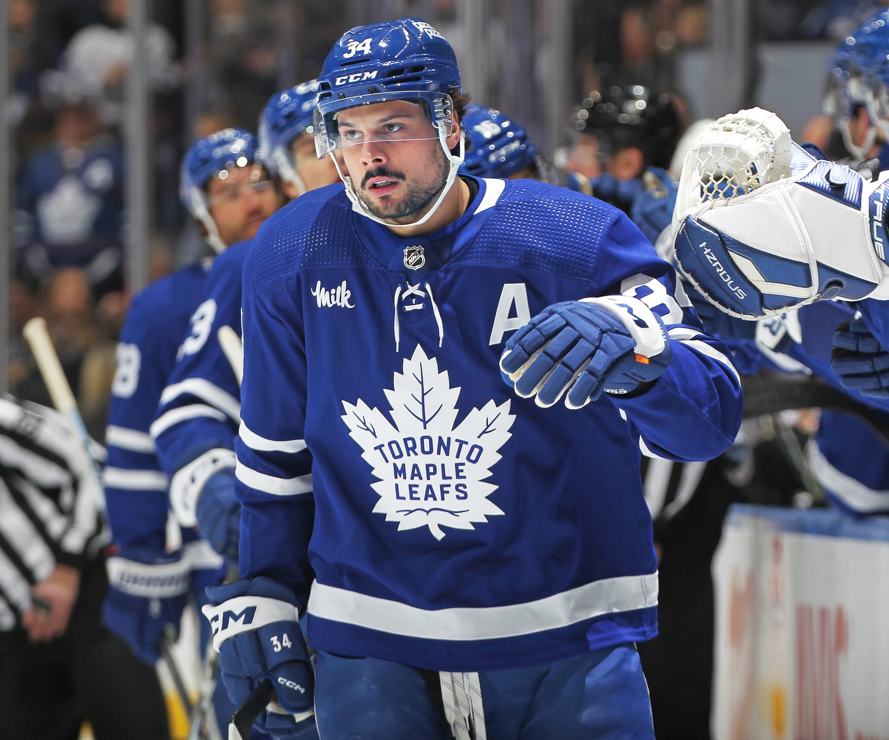 TORONTO, CANADA - FEBRUARY 17: Auston Matthews #34 of the Toronto Maple Leafs celebrates a goal against the Anaheim Ducks during the first period in an NHL game at Scotiabank Arena on February 17, 2024 in Toronto, Ontario, Canada. The Maple Leafs defeated the Ducks 9-2. (Photo by Claus Andersen/Getty Images)