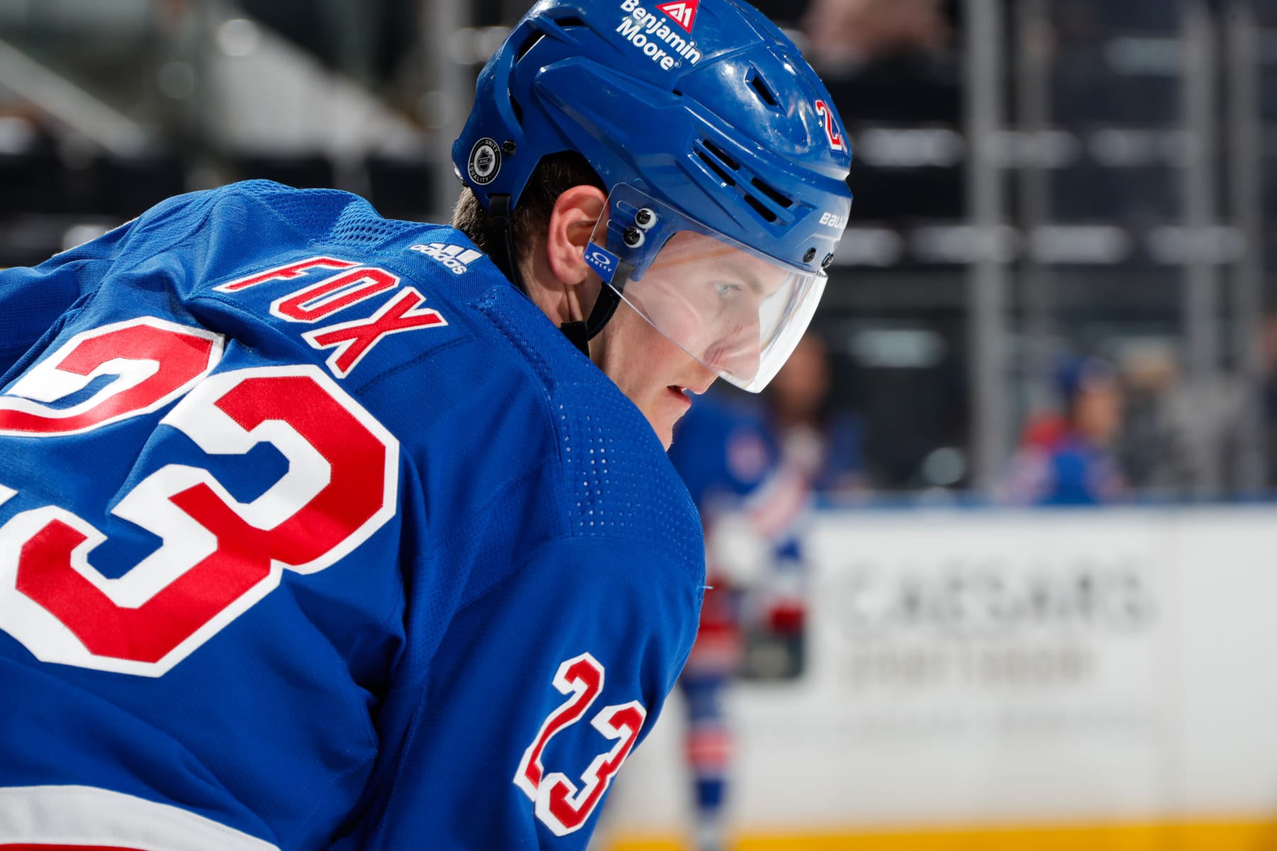 NEW YORK, NEW YORK - FEBRUARY 12: Adam Fox #23 of the New York Rangers looks on during warmups prior to the game against the Calgary Flames at Madison Square Garden on February 12, 2024 in New York City. (Photo by Jared Silber/NHLI via Getty Images)