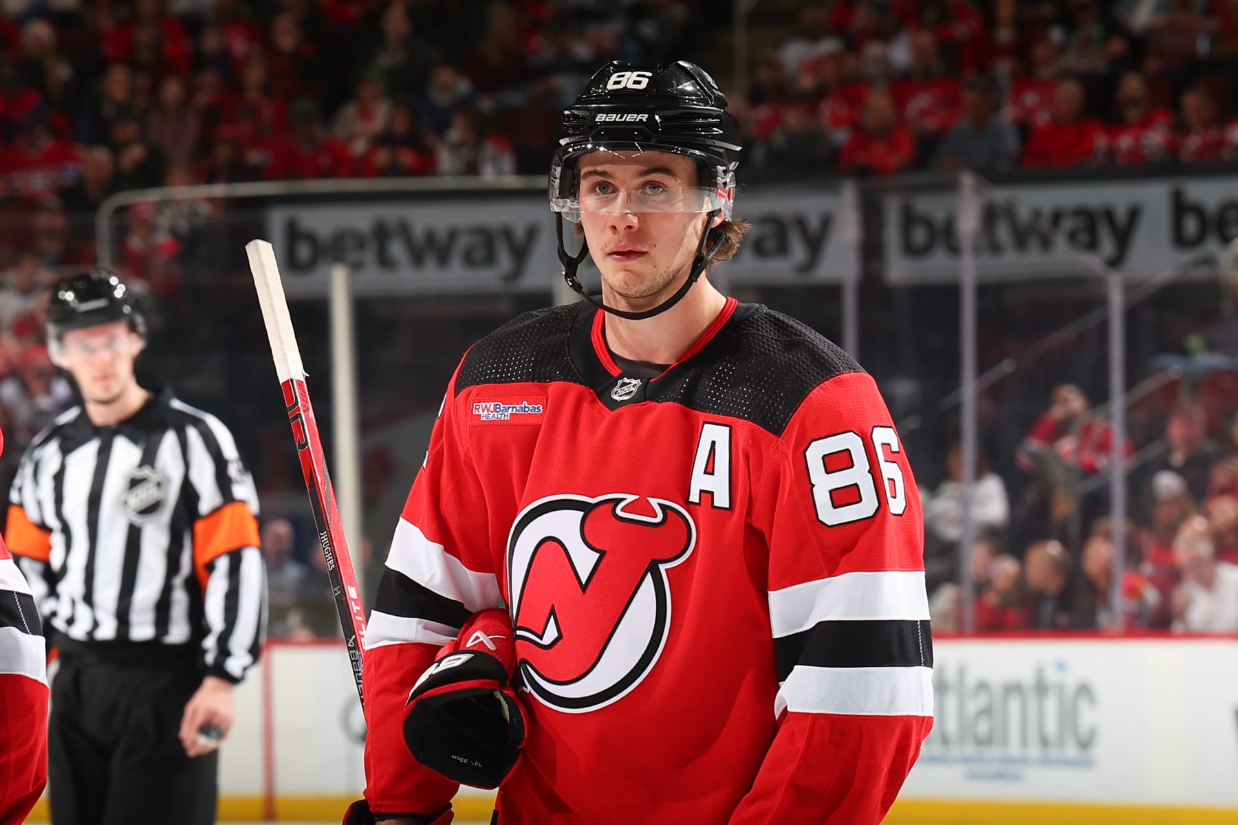NEWARK, NJ - FEBRUARY 24: Jack Hughes #86 of the New Jersey Devils skates in the first period of the game against the Montreal Canadiens at the Prudential Center on February 24, 2024 in Newark, New Jersey. (Photo by Rich Graessle/NHLI via Getty Images)