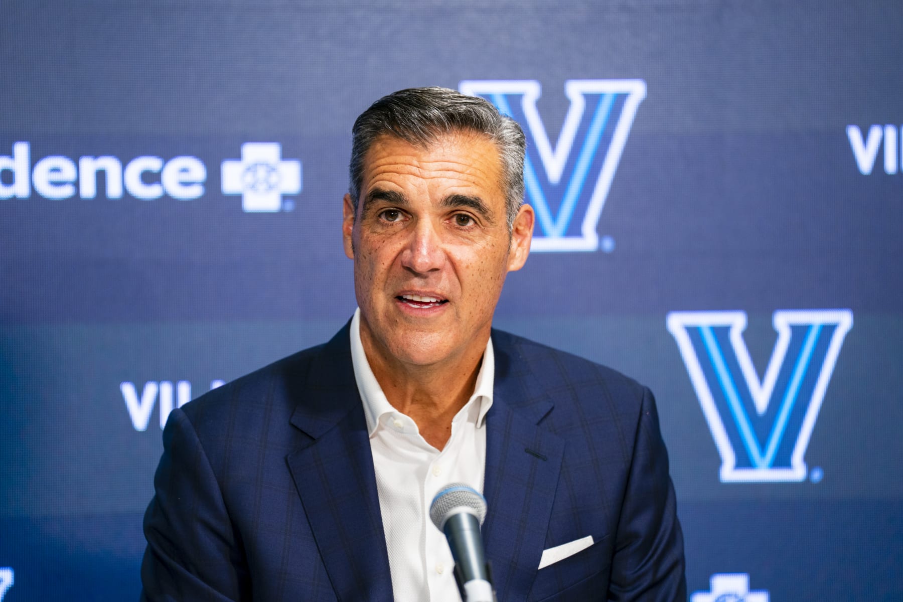 VILLANOVA, PA - FEBRUARY 8: Jay Wright, former Head Coach of Villanova Mens Basketball talks to the media after Jalen Brunsons jersey retirement on February 8, 2023 at Finneran Pavilion in Villanova, Pennsylvania. NOTE TO USER: User expressly acknowledges and agrees that, by downloading and/or using this Photograph, user is consenting to the terms and conditions of the Getty Images License Agreement. Mandatory Copyright Notice: Copyright 2023 NBAE (Photo by Mary Kate Ridgway/NBAE via Getty Images)