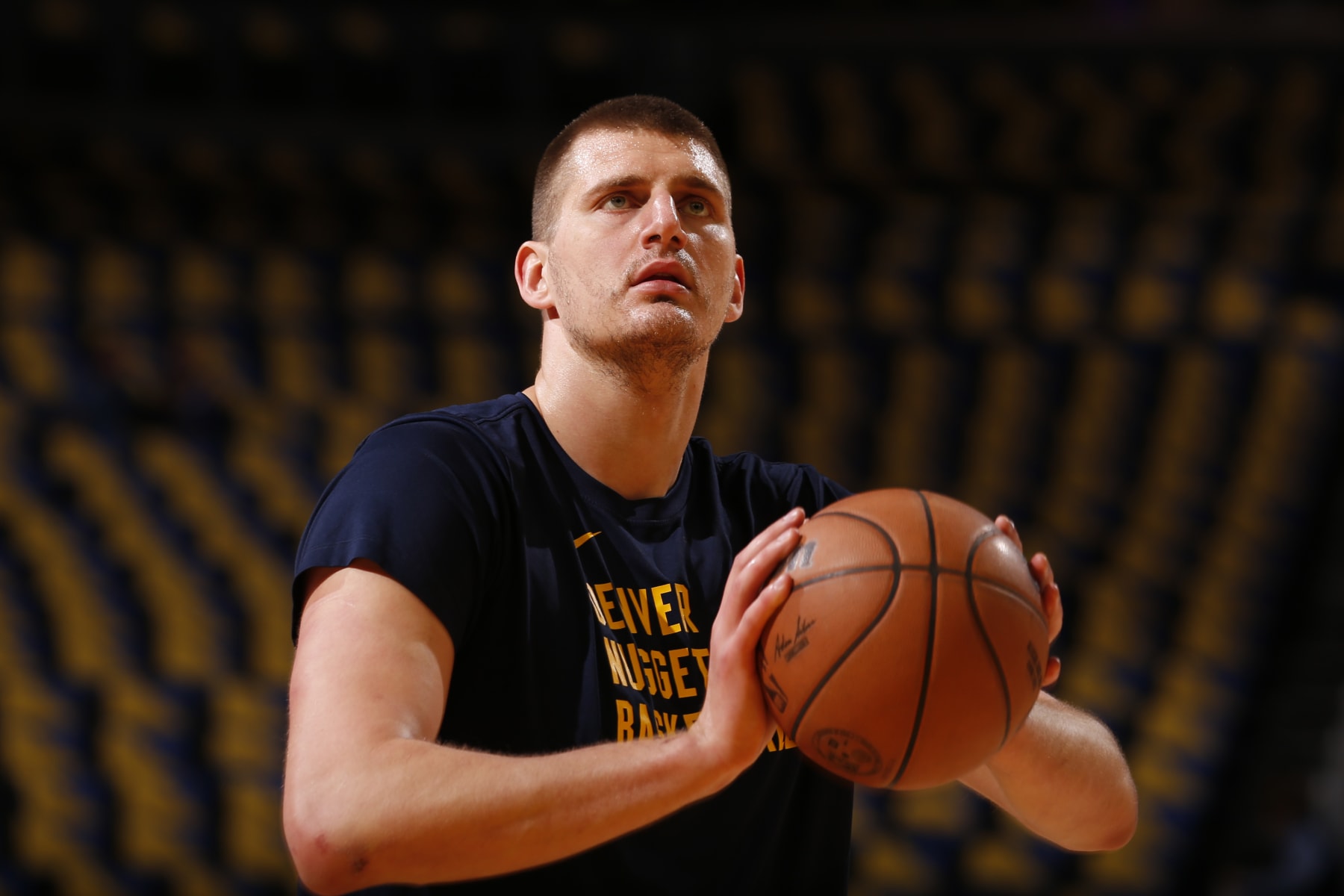 SAN FRANCISCO, CA - FEBRUARY 25: Nikola Jokic #15 of the Denver Nuggets shoots the ball before the game against the Golden State Warriors on February 25, 2024 at Chase Center in San Francisco, California. NOTE TO USER: User expressly acknowledges and agrees that, by downloading and or using this photograph, user is consenting to the terms and conditions of Getty Images License Agreement. Mandatory Copyright Notice: Copyright 2024 NBAE (Photo by Jed Jacobsohn/NBAE via Getty Images)
