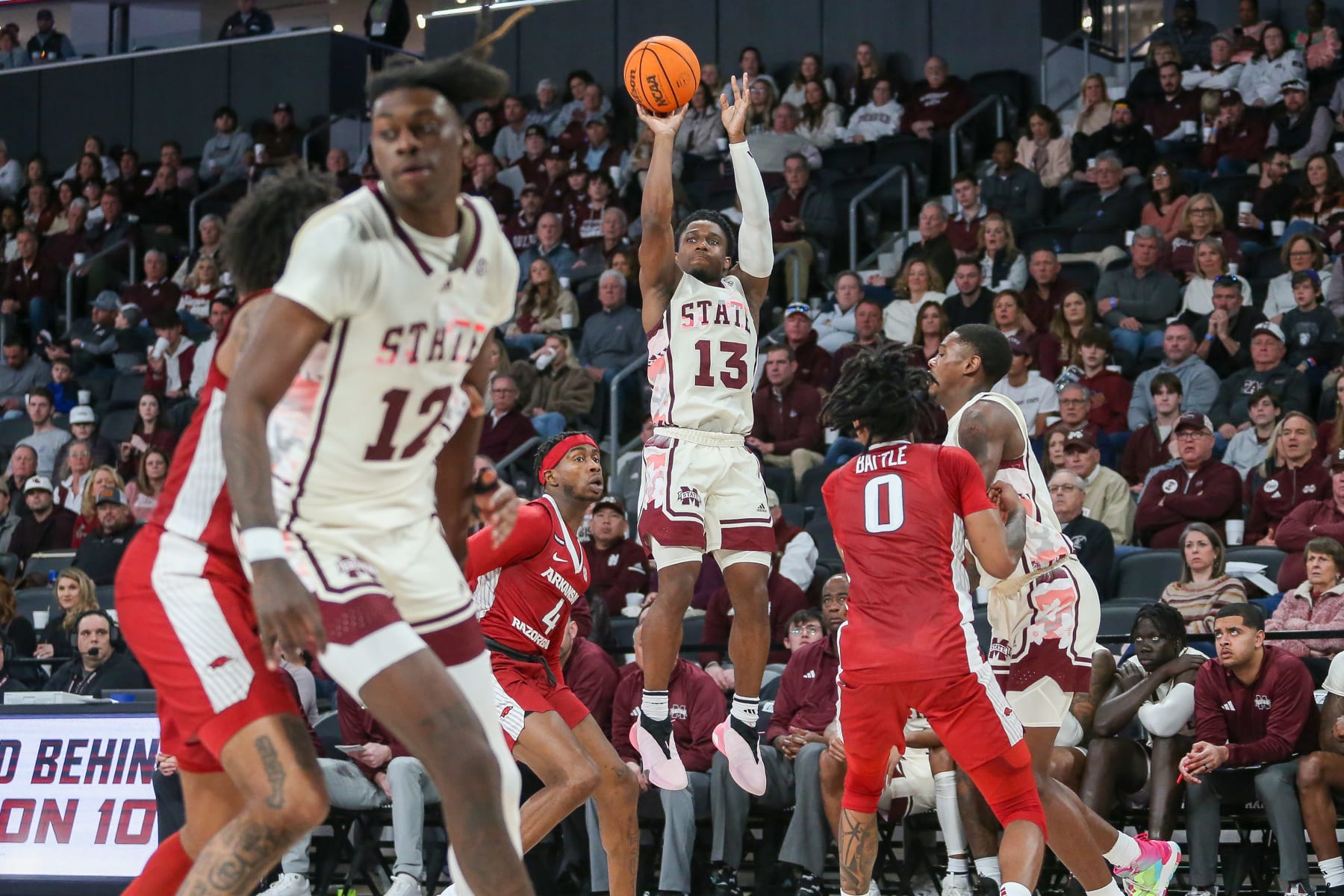 STARKVILLE, MS - FEBRUARY 17: Mississippi State Bulldogs guard Josh Hubbard (13) shoots during the game between the Mississippi State Bulldogs and the Arkansas Razorbacks at Humphrey Coliseum in Starkville, MS on February 17, 2024 (Photo by Chris McDill/Icon Sportswire via Getty Images)