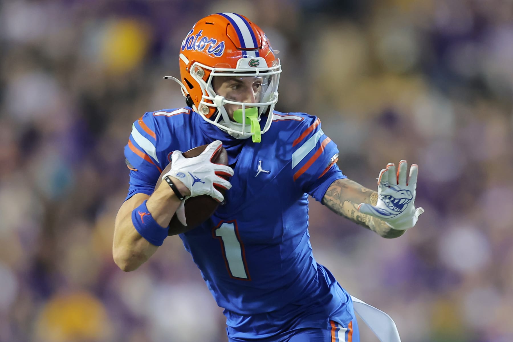BATON ROUGE, LOUISIANA - NOVEMBER 11: Ricky Pearsall #1 of the Florida Gators runs with the ball against the LSU Tigers during a game at Tiger Stadium on November 11, 2023 in Baton Rouge, Louisiana. (Photo by Jonathan Bachman/Getty Images)