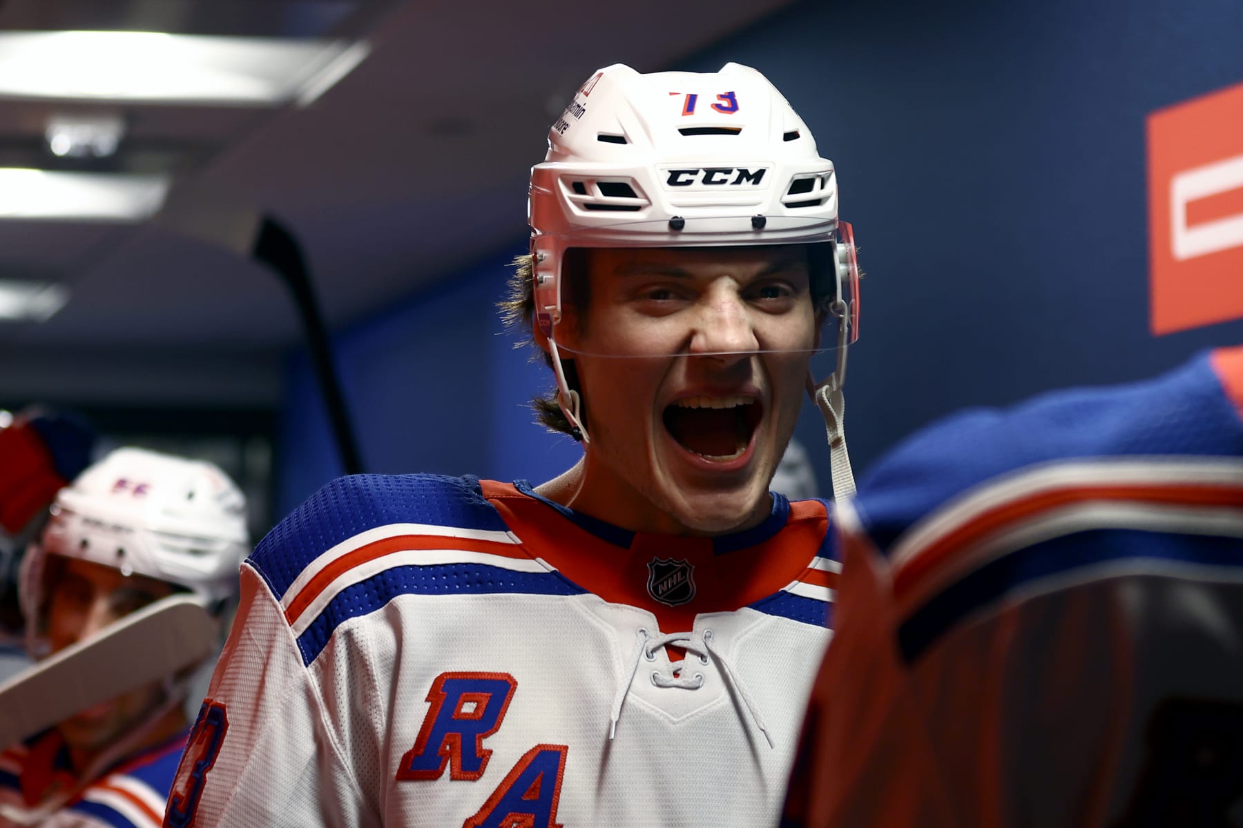 PHILADELPHIA, PENNSYLVANIA - FEBRUARY 24: Matt Rempe #73 of the New York Rangers reacts before playing against the Philadelphia Flyers at the Wells Fargo Center on February 24, 2024 in Philadelphia, Pennsylvania. (Photo by Tim Nwachukwu/Getty Images)