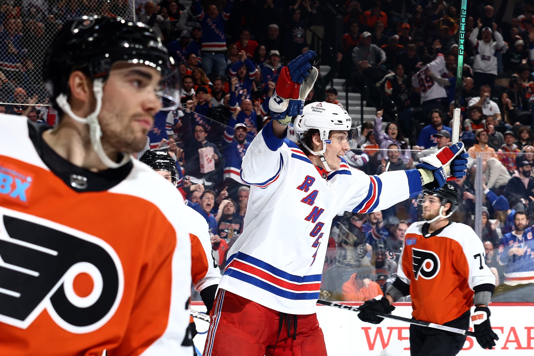 PHILADELPHIA, PENNSYLVANIA - FEBRUARY 24: Matt Rempe #73 of the New York Rangers reacts after scoring during the first period against the Philadelphia Flyers. at the Wells Fargo Center on February 24, 2024 in Philadelphia, Pennsylvania. Rempe scored his first-career NHL goal. (Photo by Tim Nwachukwu/Getty Images)