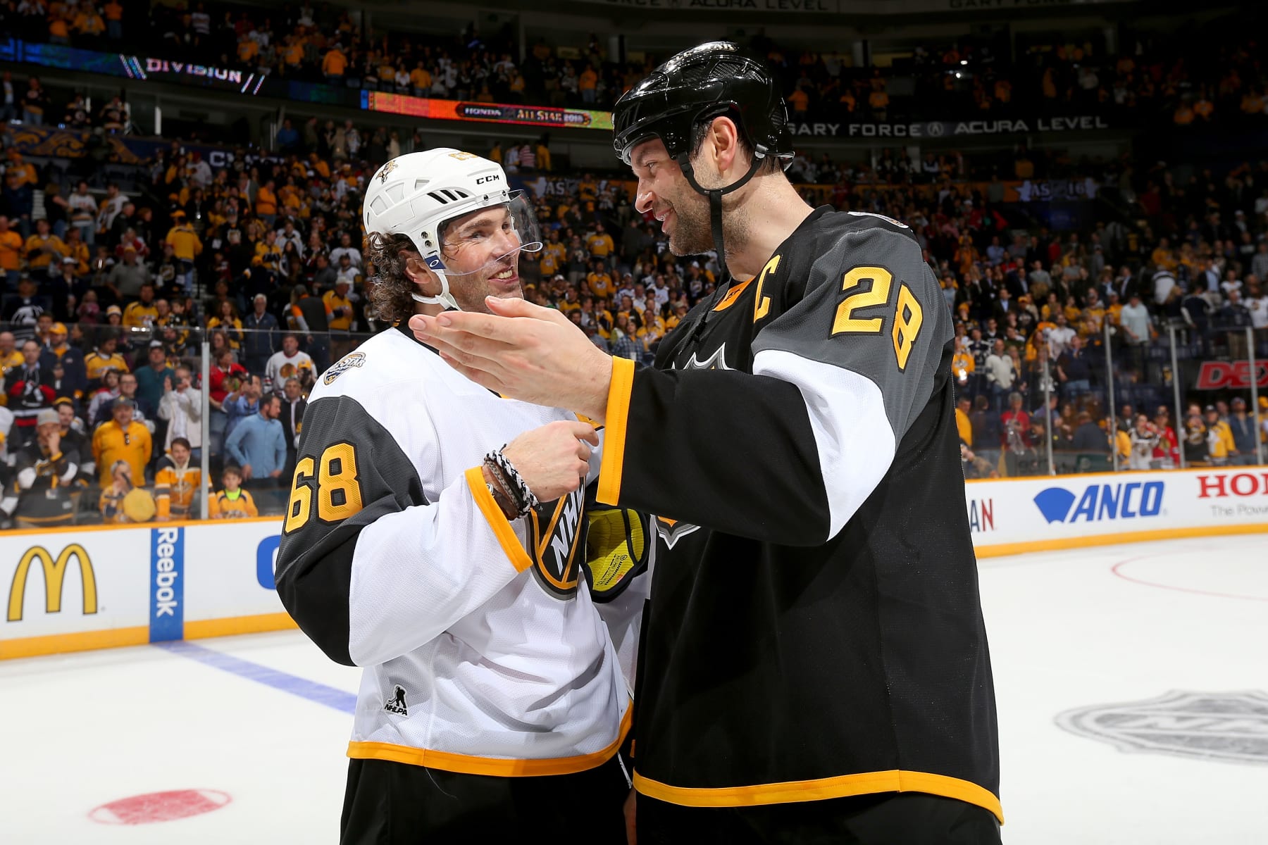 NASHVILLE, TN - JANUARY 31: Jaromir Jagr #68 of the Florida Panthers greets John Scott #28 of the Arizona Coyotes after the 2016 Honda NHL All-Star Final Game between the Eastern Conference and the Western Conference at Bridgestone Arena on January 31, 2016 in Nashville, Tennessee. (Photo by Bruce Bennett/Getty Images)