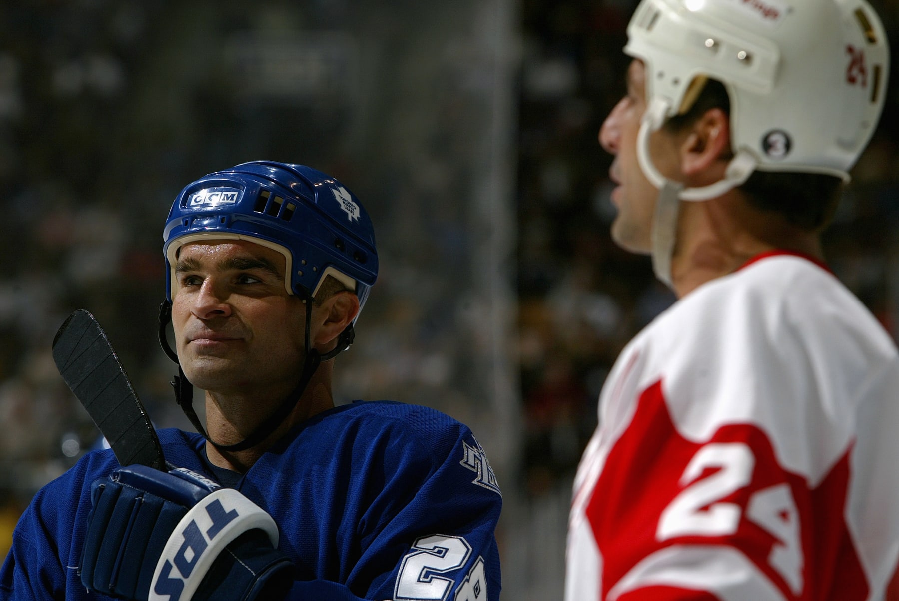 TORONTO - OCTOBER 1: Tie Domi #28 of the Toronto Maple Leafs and Chris Chelios #24 of the Detroit Red Wings look on during their NHL pre-season game at the Air Canada Centre on October 1, 2005 in Toronto, Ontario, Canada. The Maple Leafs beat the Red Wings 4-1. (Photo By Dave Sandford/Getty Images)