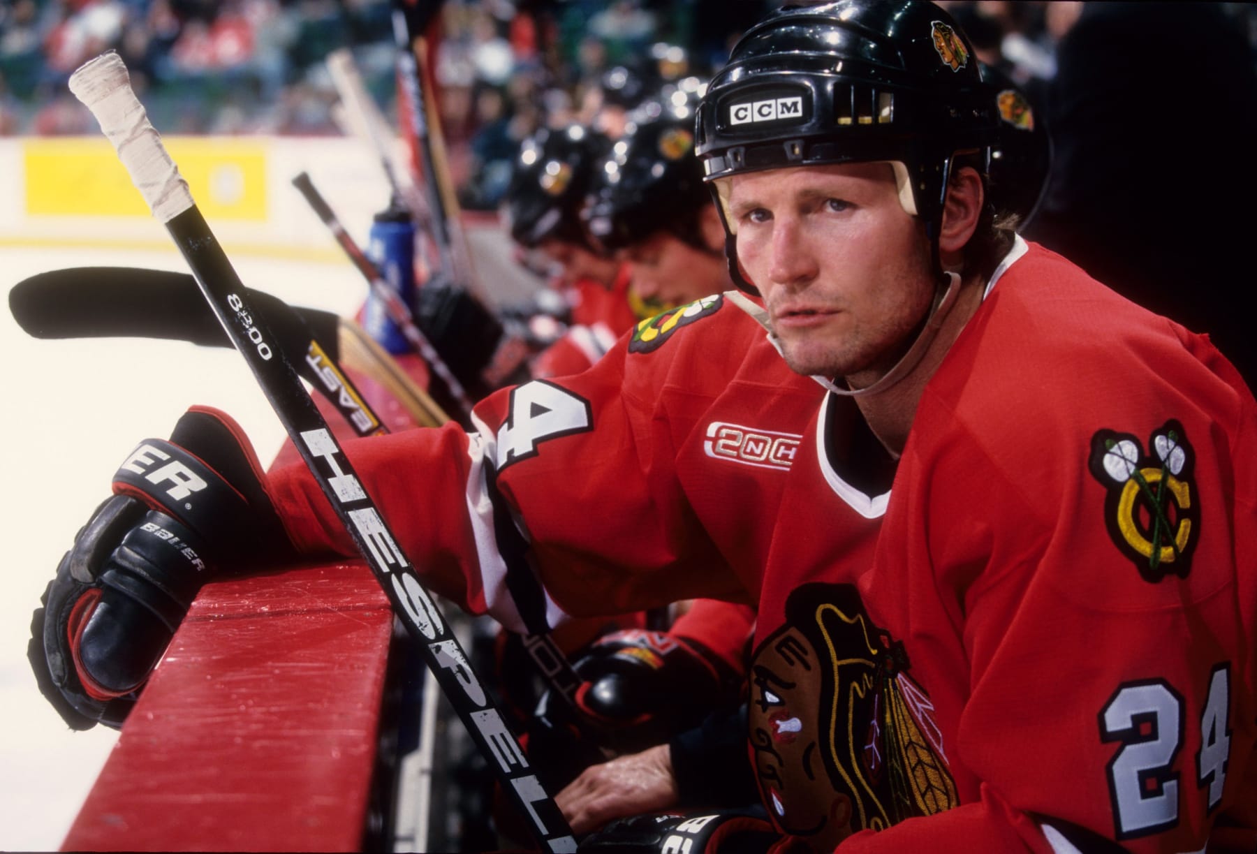 FEBRUARY, 2000: Bob Probert #24 of the Chicago Blackhawks sits on the bench during an NHL game circa February, 2000. (Photo by B Bennett/Getty Images)
