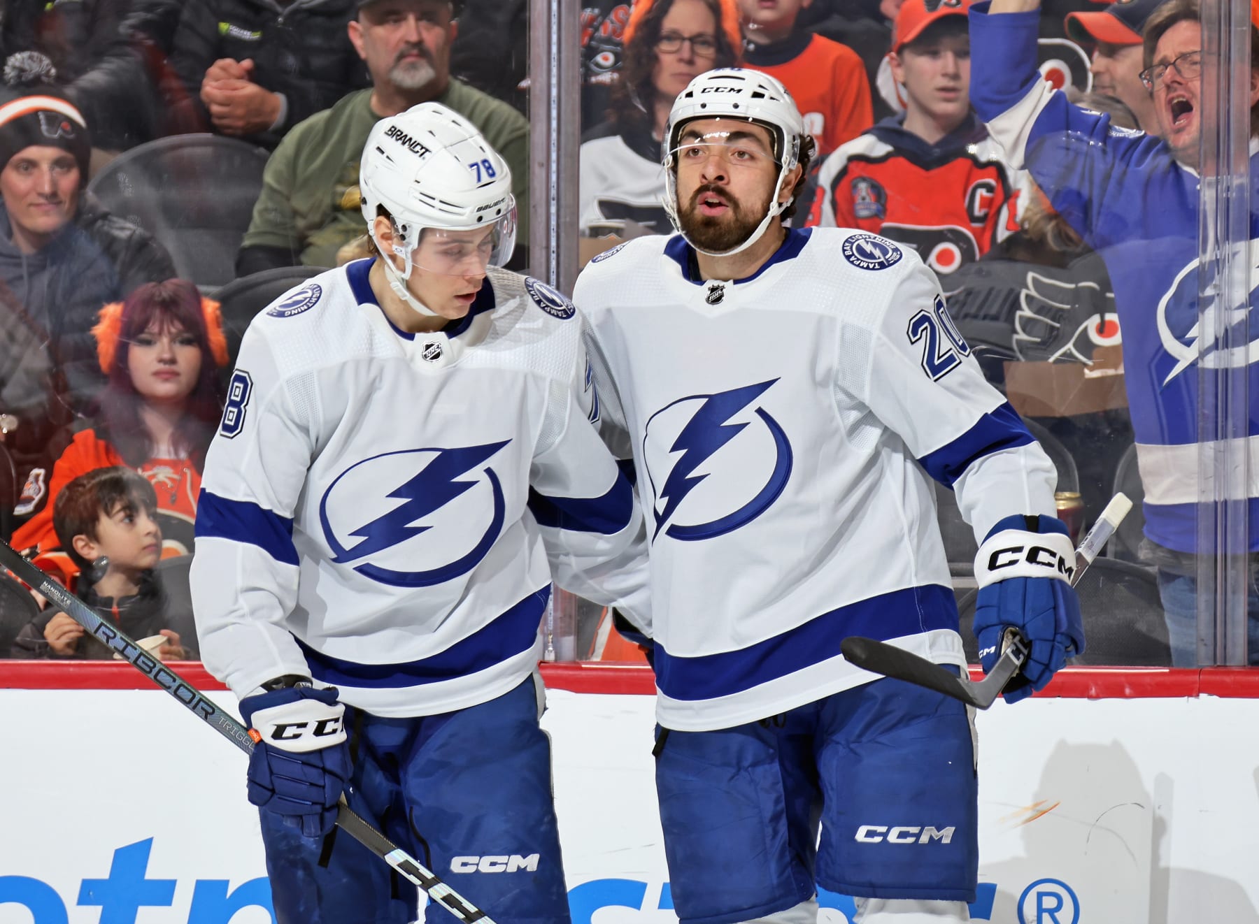 PHILADELPHIA, PENNSYLVANIA - FEBRUARY 27: Nicholas Paul #20 of the Tampa Bay Lightning celebrates his second period goal against the Philadelphia Flyers with Emil Martinsen Lilleberg #78 at the Wells Fargo Center on February 27, 2024 in Philadelphia, Pennsylvania. (Photo by Len Redkoles/NHLI via Getty Images)