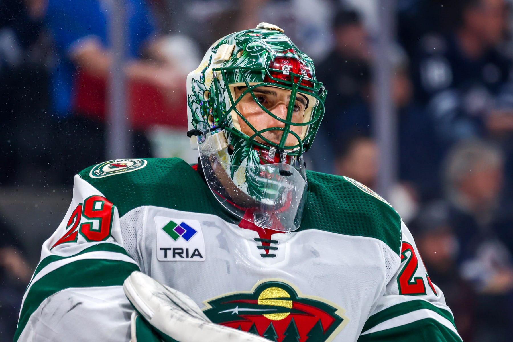 WINNIPEG, CANADA - FEBRUARY 20: Goaltender Marc-Andre Fleury #29 of the Minnesota Wild looks on during a second period stoppage of play against the Winnipeg Jets at Canada Life Centre on February 20, 2024 in Winnipeg, Manitoba, Canada. (Photo by Jonathan Kozub/NHLI via Getty Images)