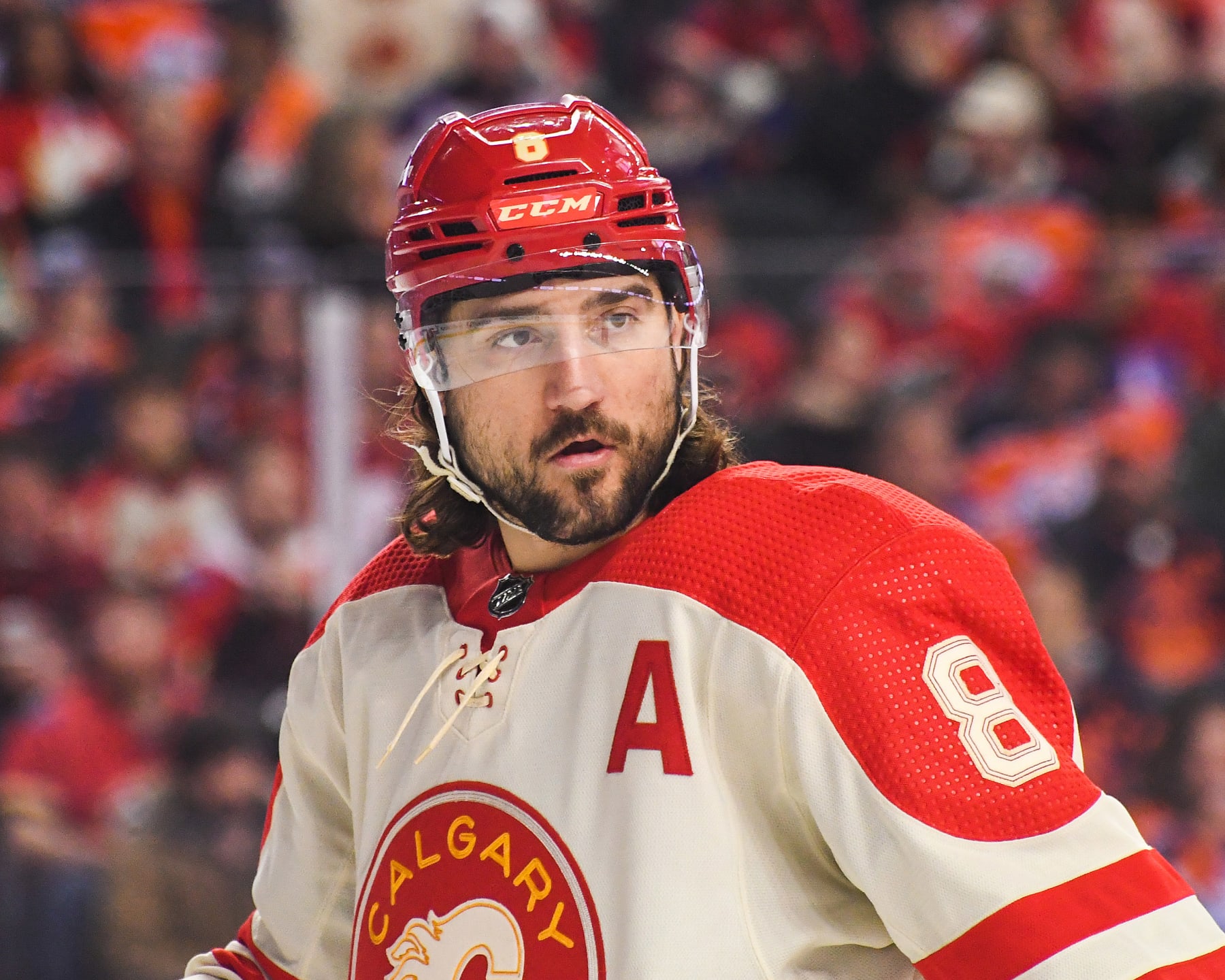 CALGARY, CANADA - JANUARY 20: Christopher Tanev #8 of the Calgary Flames in action against the Edmonton Oilers during an NHL game at Scotiabank Saddledome on January 20, 2024 in Calgary, Alberta, Canada. (Photo by Derek Leung/Getty Images)