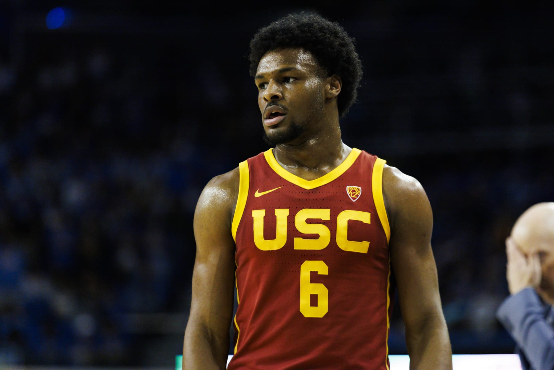 LOS ANGELES, CA - FEBRUARY 24: USC Trojans guard Bronny James (6) during a college basketball game against the UCLA Bruins on February 24, 2024 at Pauley Pavilion in Los Angeles, CA. (Photo by Ric Tapia/Icon Sportswire via Getty Images)
