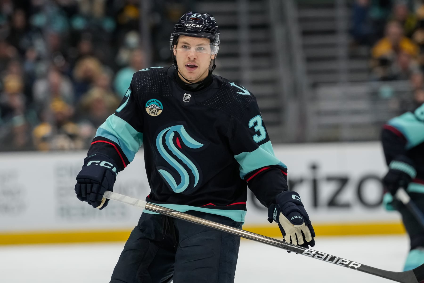 SEATTLE, WASHINGTON - FEBRUARY 26: Yanni Gourde #37 of the Seattle Kraken skates during the third period of a game against the Boston Bruins at Climate Pledge Arena on February 26, 2024 in Seattle, Washington. (Photo by Christopher Mast/NHLI via Getty Images)