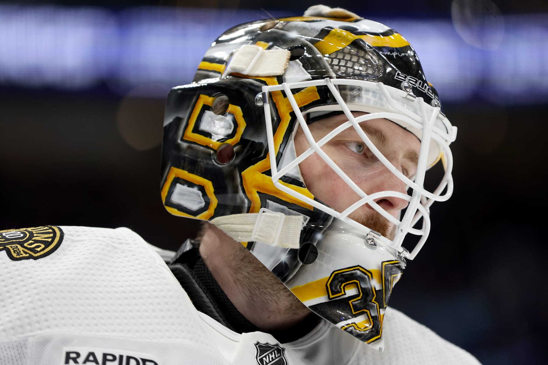 SEATTLE, WASHINGTON - FEBRUARY 26: Linus Ullmark #35 of the Boston Bruins looks on during the second period against the Seattle Kraken at Climate Pledge Arena on February 26, 2024 in Seattle, Washington. (Photo by Steph Chambers/Getty Images)