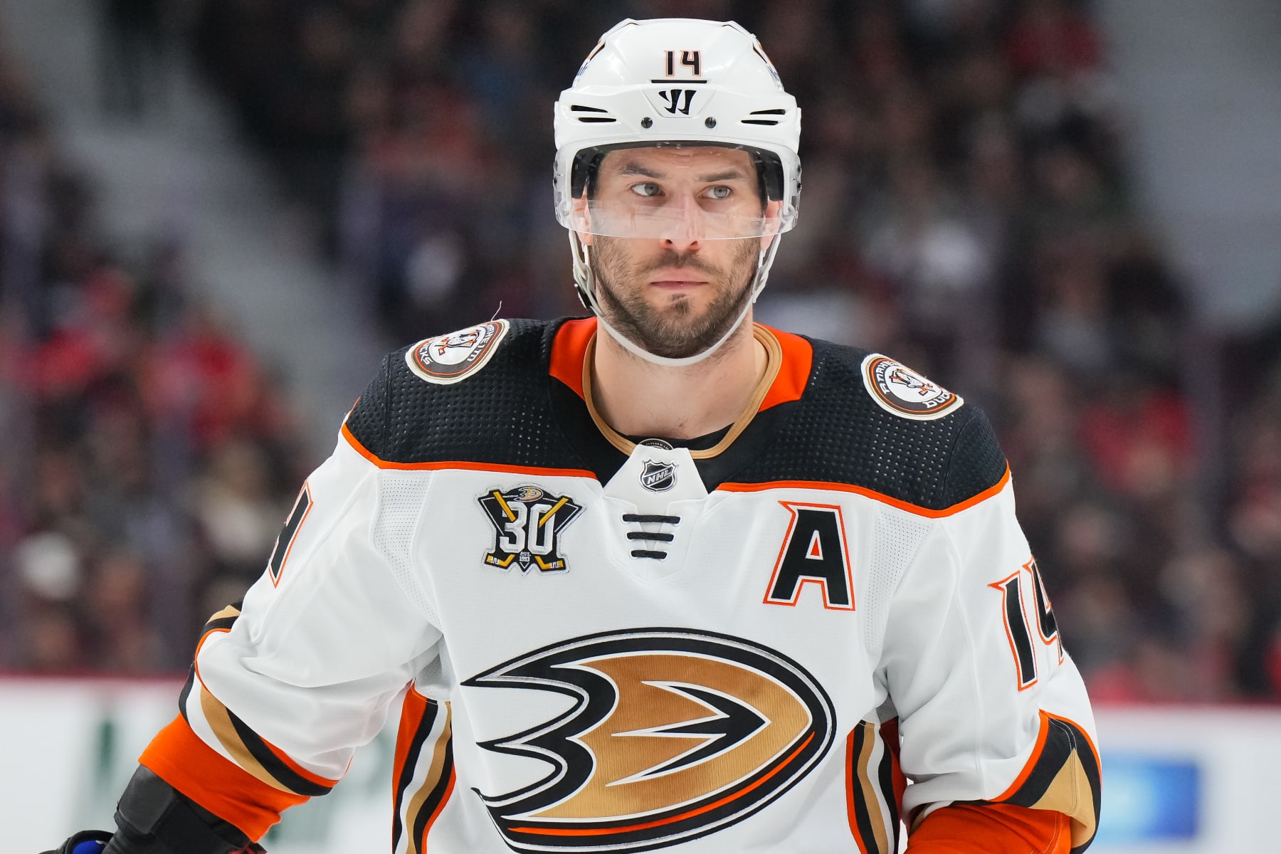 OTTAWA, CANADA - FEBRUARY 15: Adam Henrique #14 of the Anaheim Ducks skates against the Ottawa Senators at Canadian Tire Centre on February 15, 2024 in Ottawa, Ontario, Canada. (Photo by André Ringuette/NHLI via Getty Images)