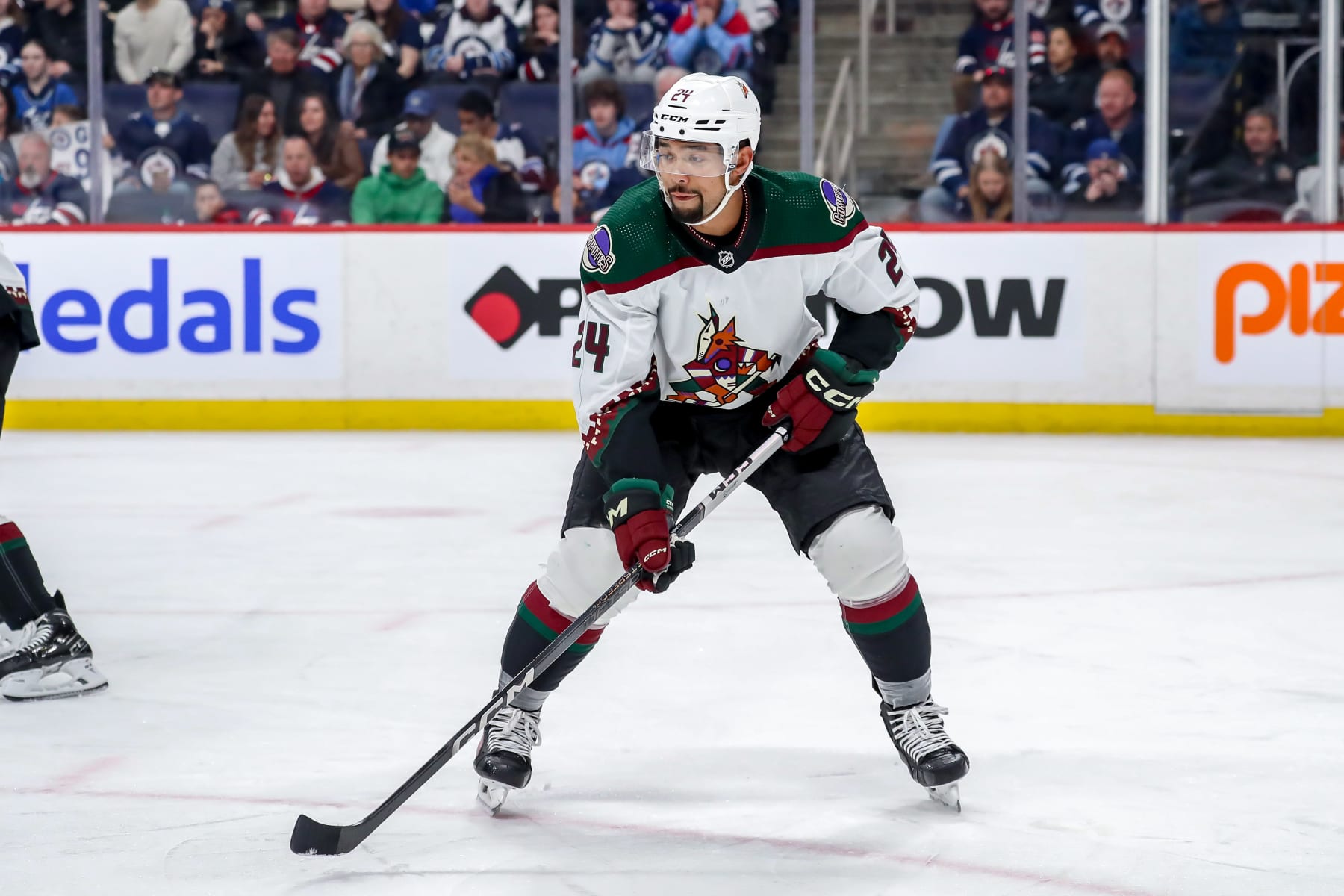 WINNIPEG, CANADA - FEBRUARY 25: Matt Dumba #24 of the Arizona Coyotes gets set during a first period face-off against the Winnipeg Jets at the Canada Life Centre on February 25, 2024 in Winnipeg, Manitoba, Canada. The Jets defeated the Coyotes 4-3 in overtime. (Photo by Darcy Finley/NHLI via Getty Images)