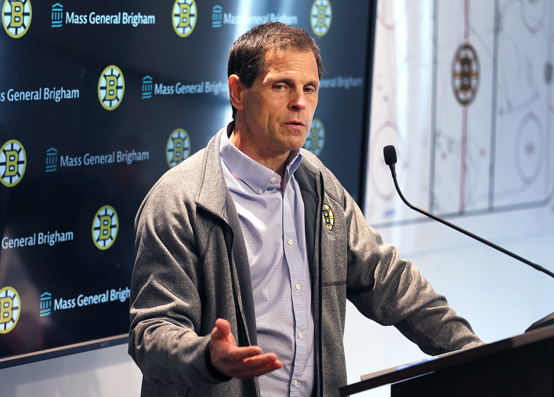 Boston, MA - September 20: Boston Bruins General Manager Don Sweeney speaks with the media. (Photo by John Tlumacki/The Boston Globe via Getty Images)