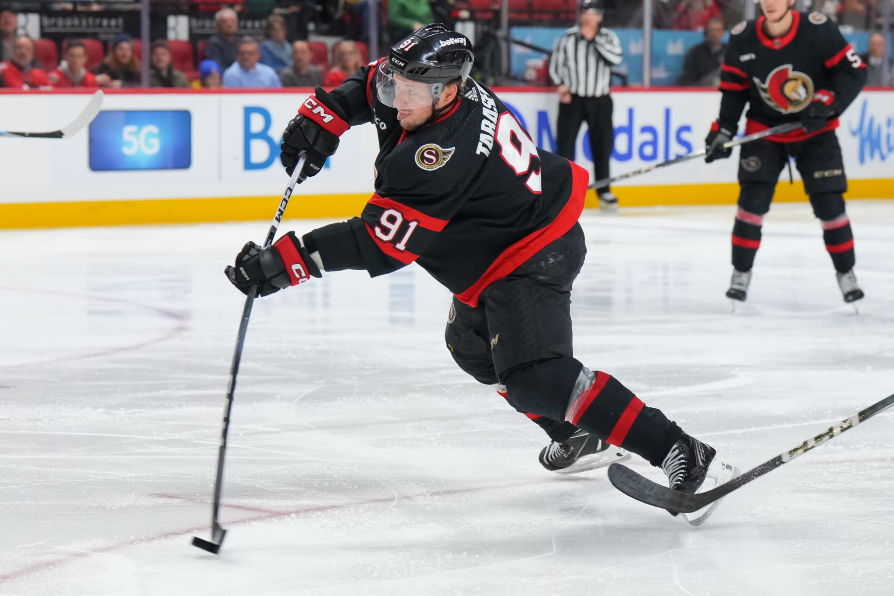 OTTAWA, CANADA - FEBRUARY 24: Vladimir Tarasenko #91 of the Ottawa Senators shoots the puck against the Vegas Golden Knights at Canadian Tire Centre on February 24, 2024 in Ottawa, Ontario, Canada. (Photo by André Ringuette/NHLI via Getty Images)