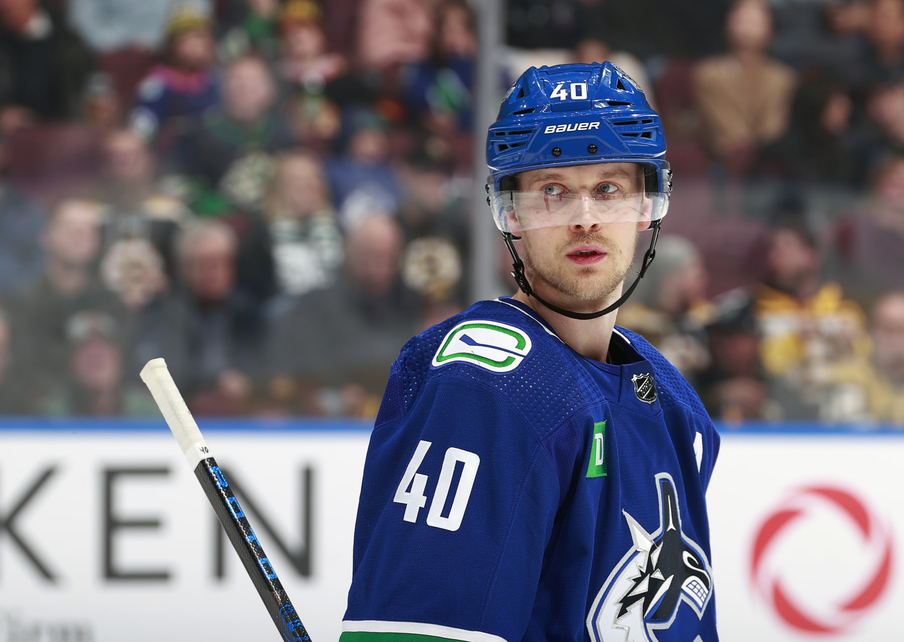 VANCOUVER, CANADA - FEBRUARY 24:Elias Pettersson #40 of the Vancouver Canucks skates up ice during their NHL game against the Boston Bruins at Rogers Arena on February 24, 2024 in Vancouver, British Columbia, Canada. (Photo by Jeff Vinnick/NHLI via Getty Images)