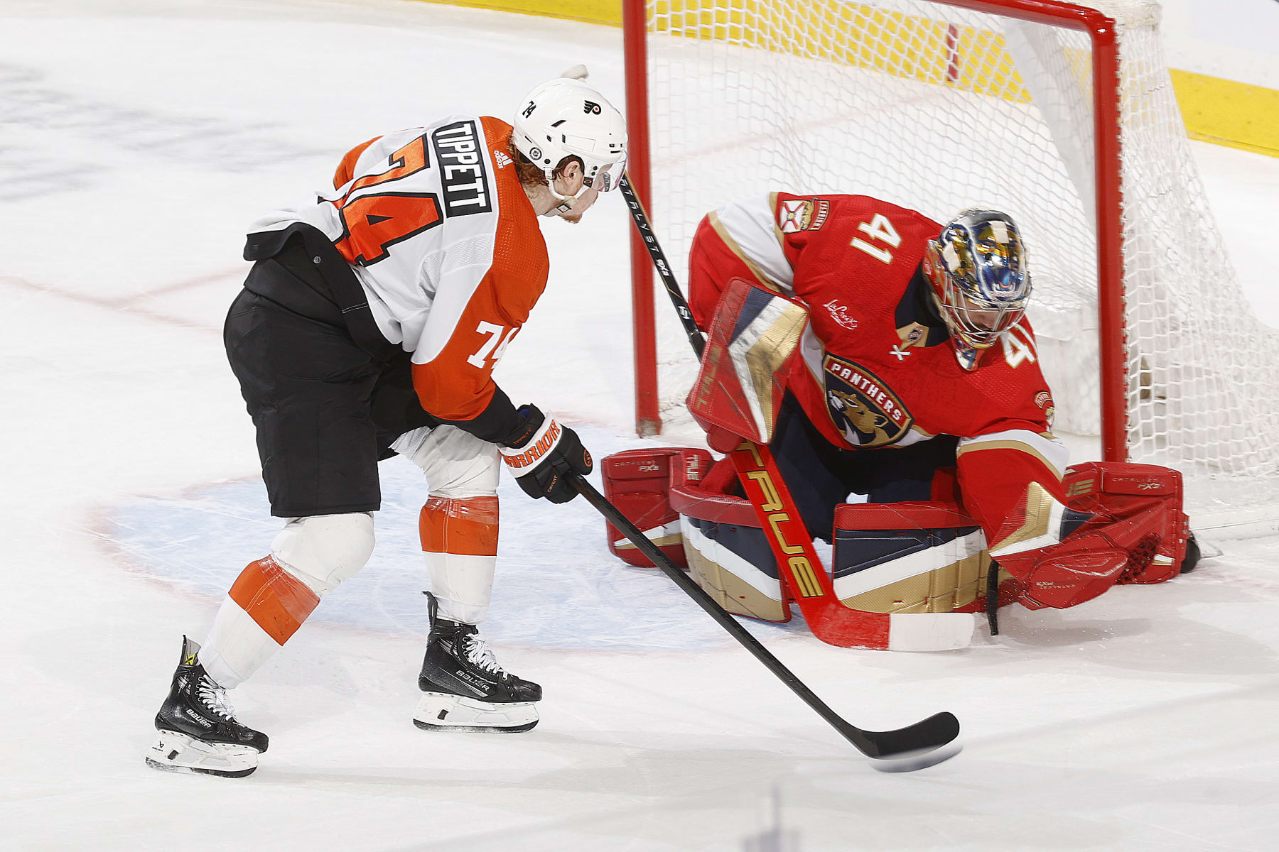 SUNRISE, FL - FEBRUARY 6: Goaltender Anthony Stolarz #41 of the Florida Panthers stops a shot by Owen Tippett #74 of the Philadelphia Flyers in the third period at the Amerant Bank Arena on February 6, 2024 in Sunrise, Florida. (Photo by Joel Auerbach/Getty Images)