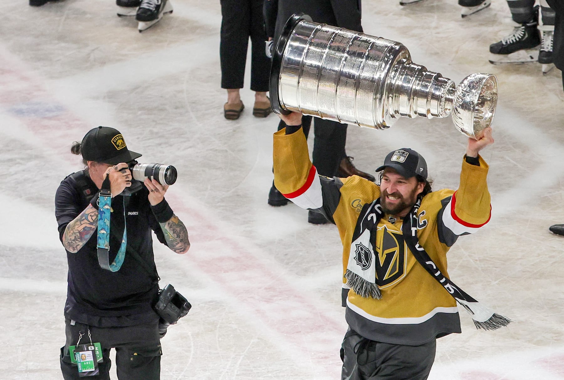 LAS VEGAS, NEVADA - JUNE 13: Mark Stone #61 of the Vegas Golden Knights takes a lap with the Stanley Cup after the team's 9-3 victory over the Florida Panthers in Game Five of the 2023 NHL Stanley Cup Final at T-Mobile Arena on June 13, 2023 in Las Vegas, Nevada. The Golden Knights won the series four games to one. (Photo by Ethan Miller/Getty Images)