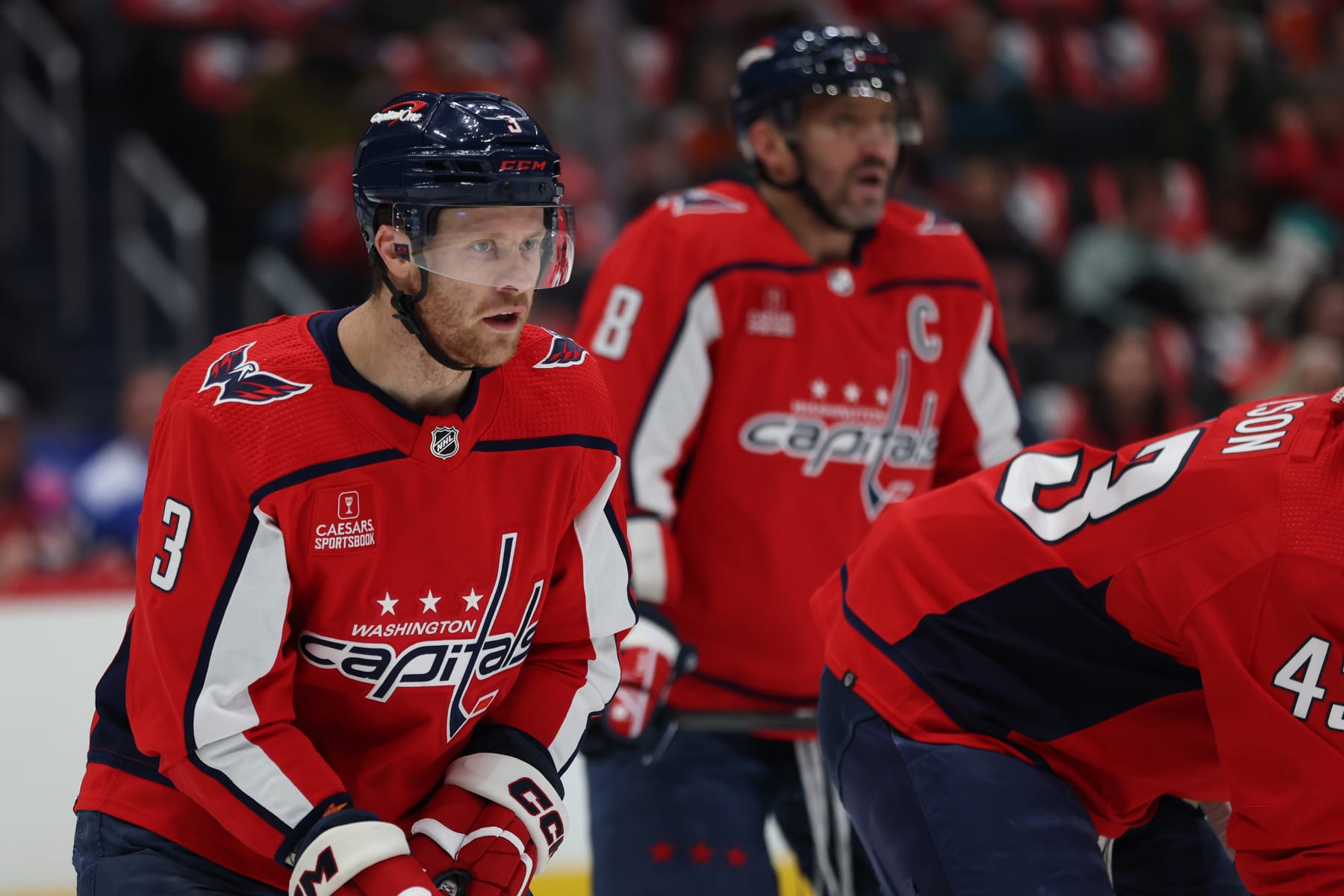 WASHINGTON, DC - MARCH 01: Nick Jensen #3 of the Washington Capitals skates against the Philadelphia Flyers during the first period at Capital One Arena on March 1, 2024 in Washington, DC. (Photo by Patrick Smith/Getty Images)