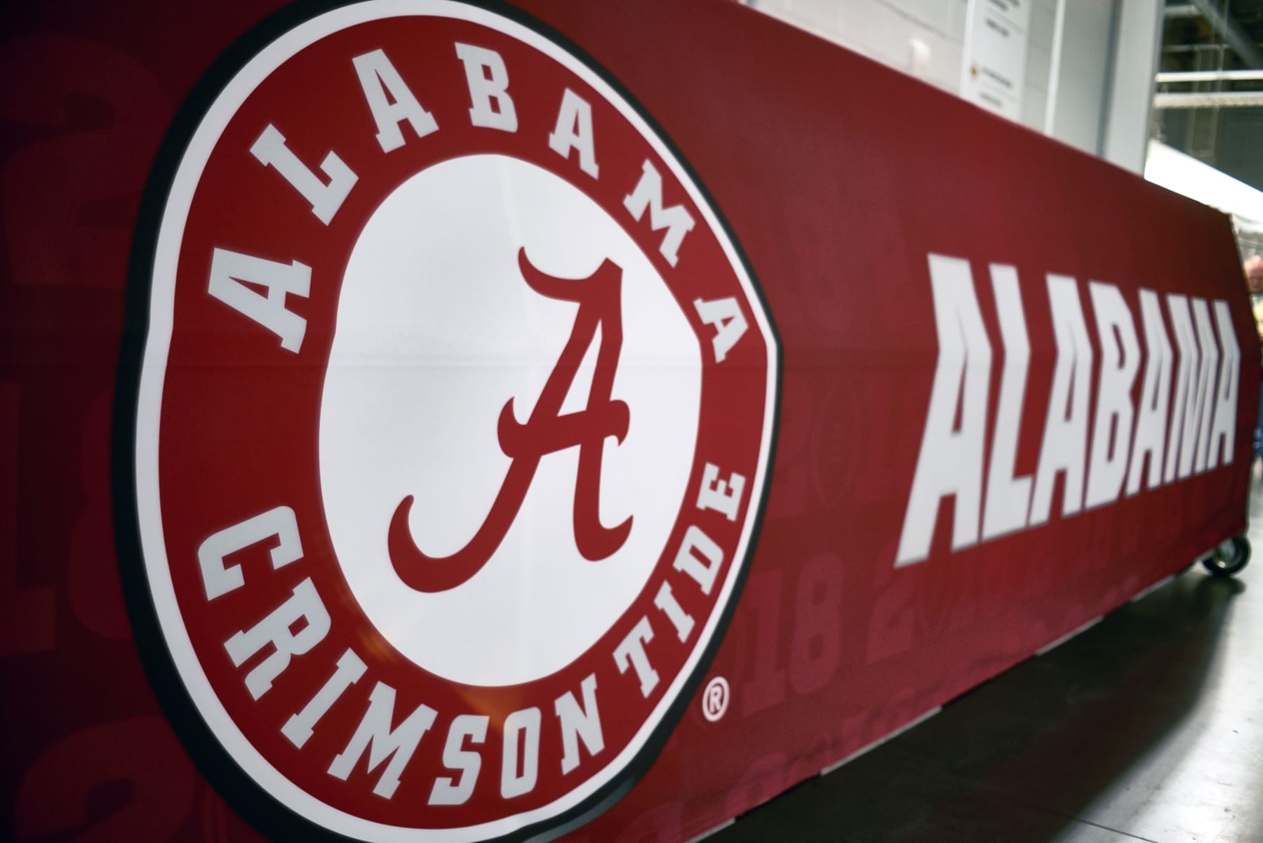 ATLANTA, GA - JANUARY 08: A detailed view of the Alabama Crimson Tide logo is seen on a banner during the College Football Playoff National Championship Game between the Alabama Crimson Tide and the Georgia Bulldogs on January 8, 2018 at Mercedes-Benz Stadium in Atlanta, GA. (Photo by Robin Alam/Icon Sportswire via Getty Images)
