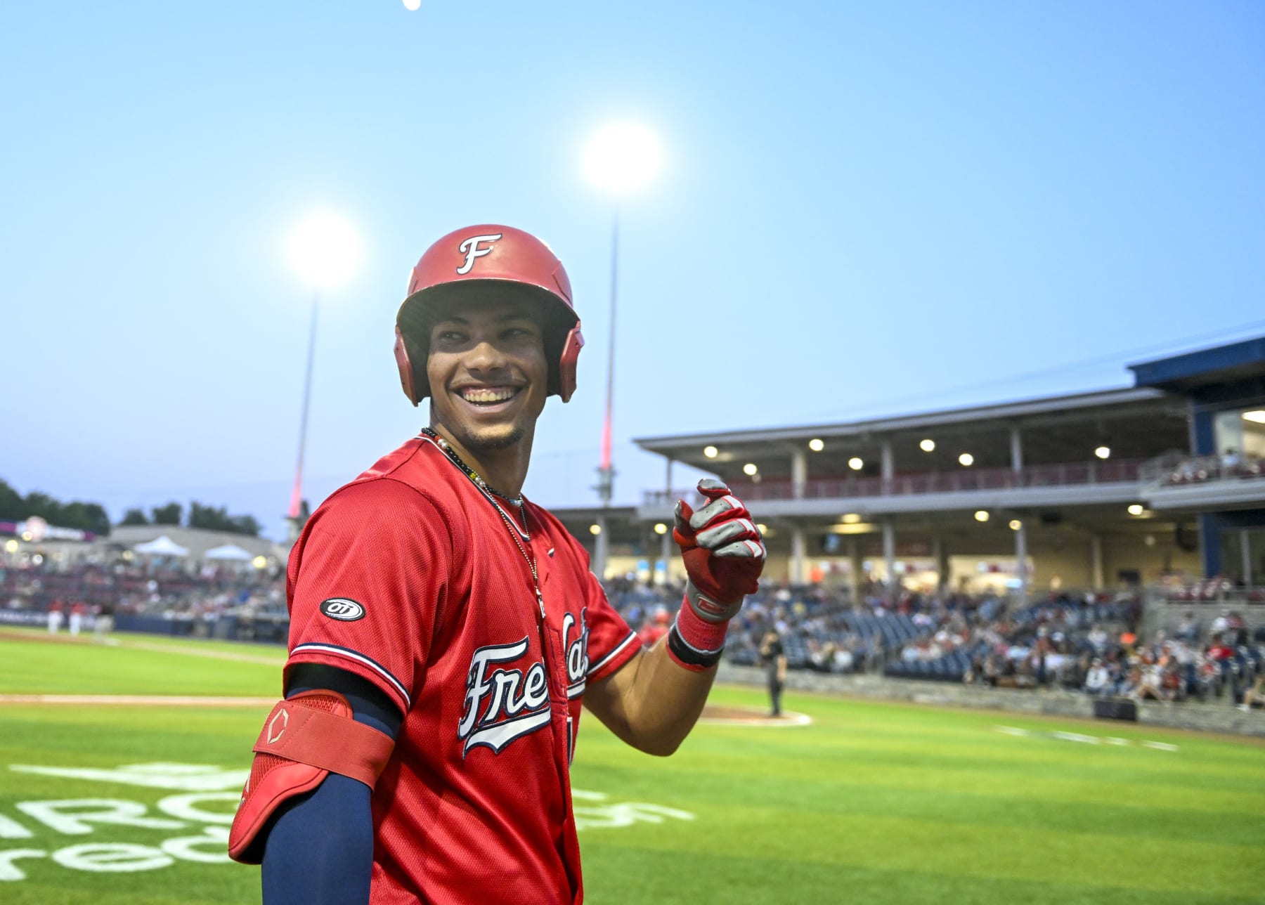 FREDERICKSBURG, VA  - MAY 31:  Fredricksburg Nationals Daylen Lile (10) smiles as he walks to the plate action against the Delmarva Shorebirds at Virginia Credit Union Stadium on May 31, 2023.  (Photo by Jonathan Newton/The Washington Post via Getty Images)