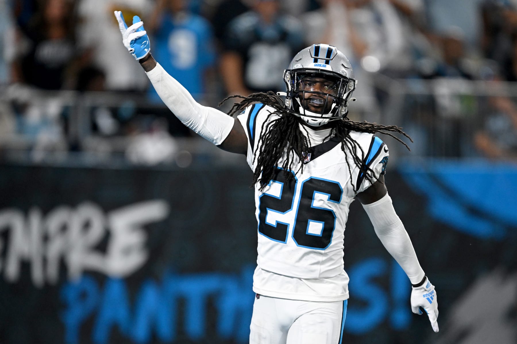 CHARLOTTE, NORTH CAROLINA - SEPTEMBER 18: Donte Jackson #26 of the Carolina Panthers reacts against the New Orleans Saints during the third quarter in the game at Bank of America Stadium on September 18, 2023 in Charlotte, North Carolina. (Photo by Grant Halverson/Getty Images)