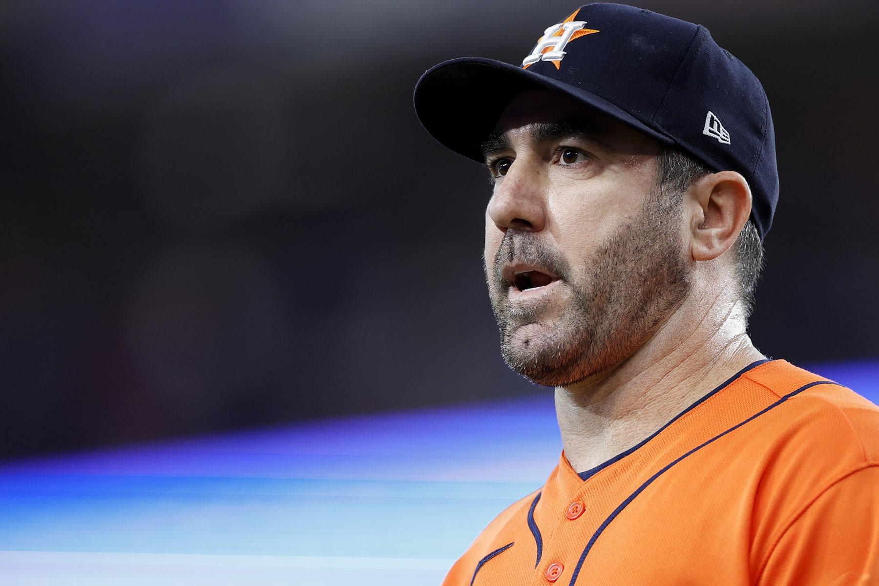 ARLINGTON, TEXAS - OCTOBER 20: Justin Verlander #35 of the Houston Astros walks back to the dugout against the Texas Rangers during the first inning in Game Five of the American League Championship Series at Globe Life Field on October 20, 2023 in Arlington, Texas. (Photo by Carmen Mandato/Getty Images)