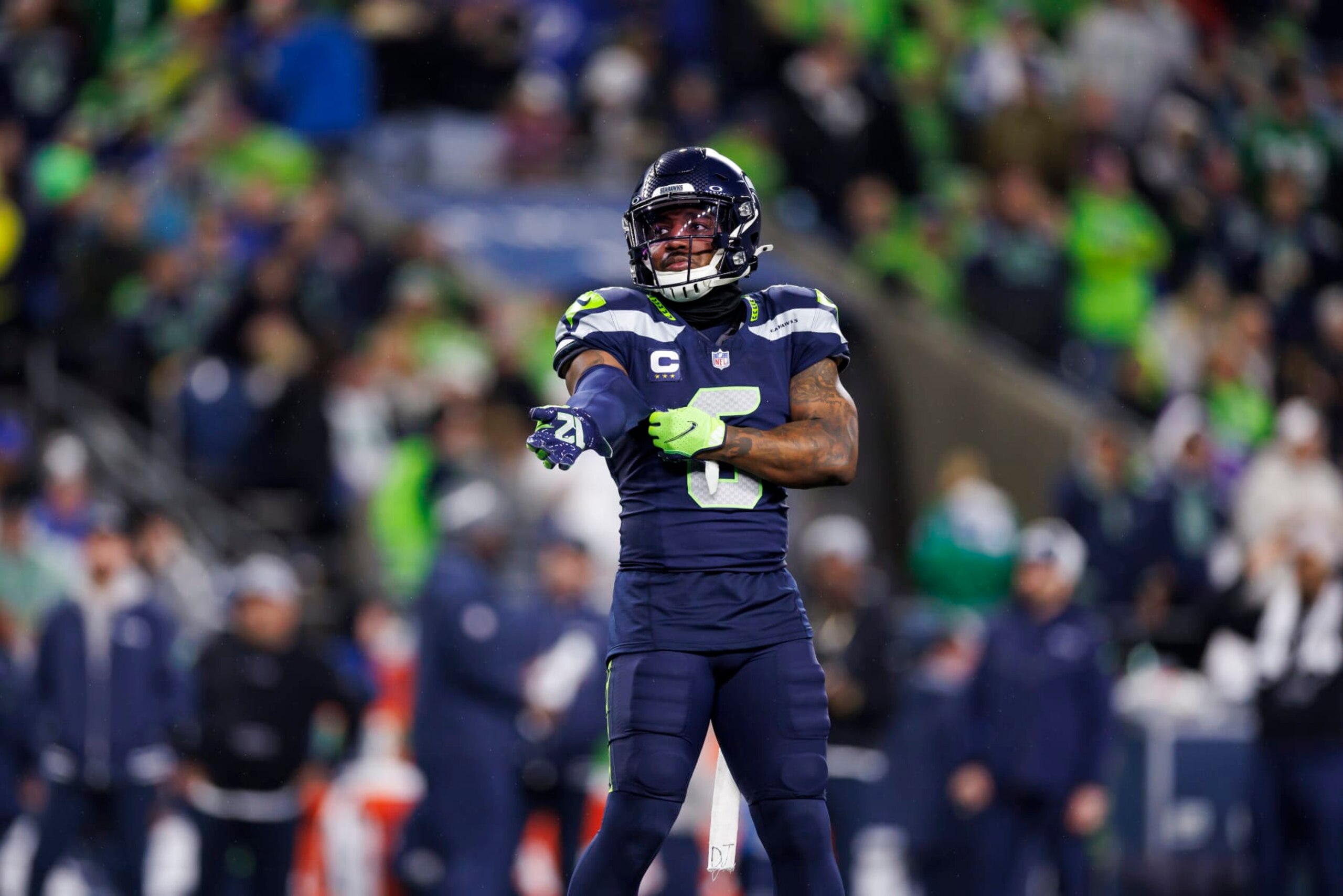 SEATTLE, WASHINGTON - DECEMBER 18: Quandre Diggs #6 of the Seattle Seahawks looks on against the Philadelphia Eagles at Lumen Field on December 18, 2023 in Seattle, Washington. (Photo by Ryan Kang/Getty Images)