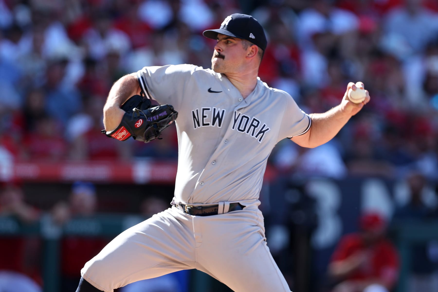 ANAHEIM, CA - JULY 19:  Carlos Rodón #55 of the New York Yankees pitches during the game against the Los Angeles Angels at Angel Stadium of Anaheim on July 19, 2023 in Anaheim, California. The Angels defeated the Yankees 7-3.  (Photo by Rob Leiter/MLB Photos via Getty Images)