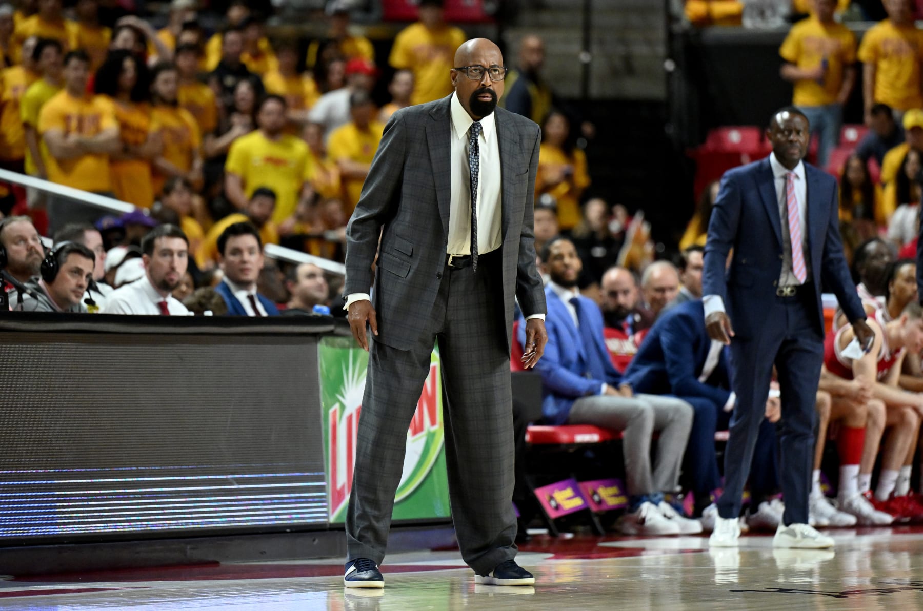 COLLEGE PARK, MARYLAND - MARCH 03: Head coach Mike Woodson of the Indiana Hoosiers watches the game against the Maryland Terrapins at Xfinity Center on March 03, 2024 in College Park, Maryland. (Photo by G Fiume/Getty Images)