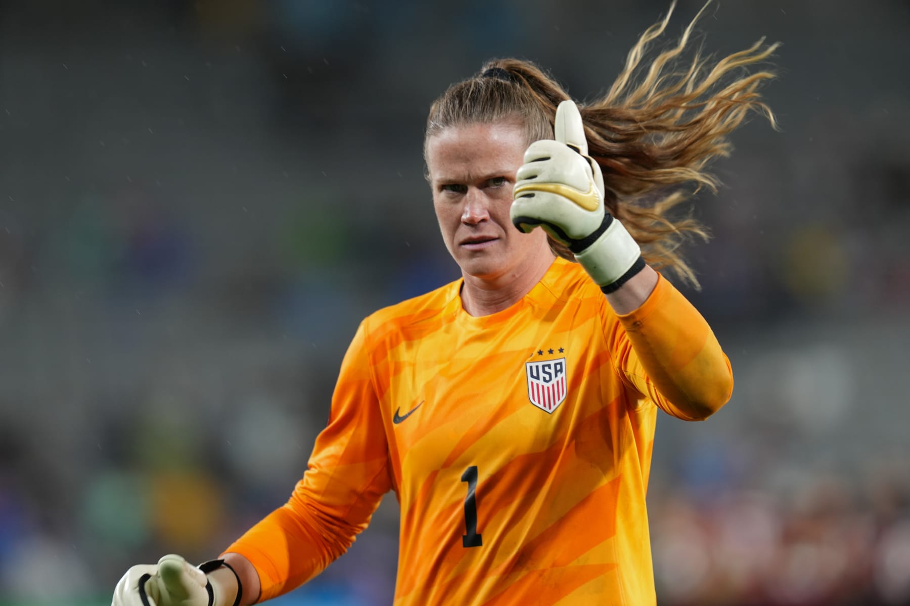 SAN DIEGO, CALIFORNIA - MARCH 06: Alyssa Naeher #1 of the United States celebrates after defeating Canada during the 2024 Concacaf W Gold Cup semifinals at Snapdragon Stadium on March 06, 2024 in San Diego, California. (Photo by Ben Nichols/ISI Photos/USSF/Getty Images for USSF)