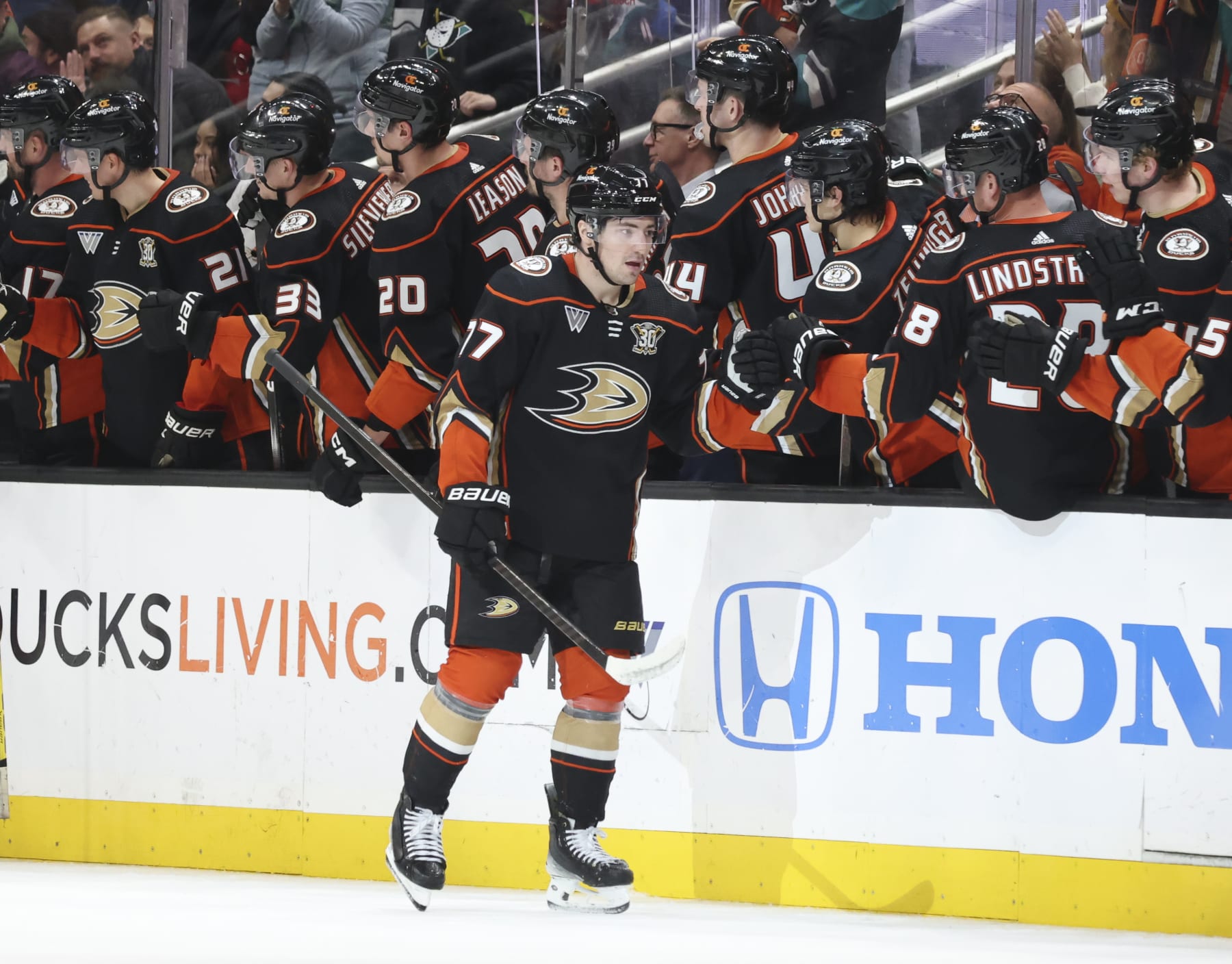 ANAHEIM, CA - MARCH 1: Frank Vatrano #77 of the Anaheim Ducks celebrates his second-period goal with the bench during the game against the New Jersey Devils at Honda Center on March 1, 2024 in Anaheim, California. (Photo by Debora Robinson/NHLI via Getty Images)