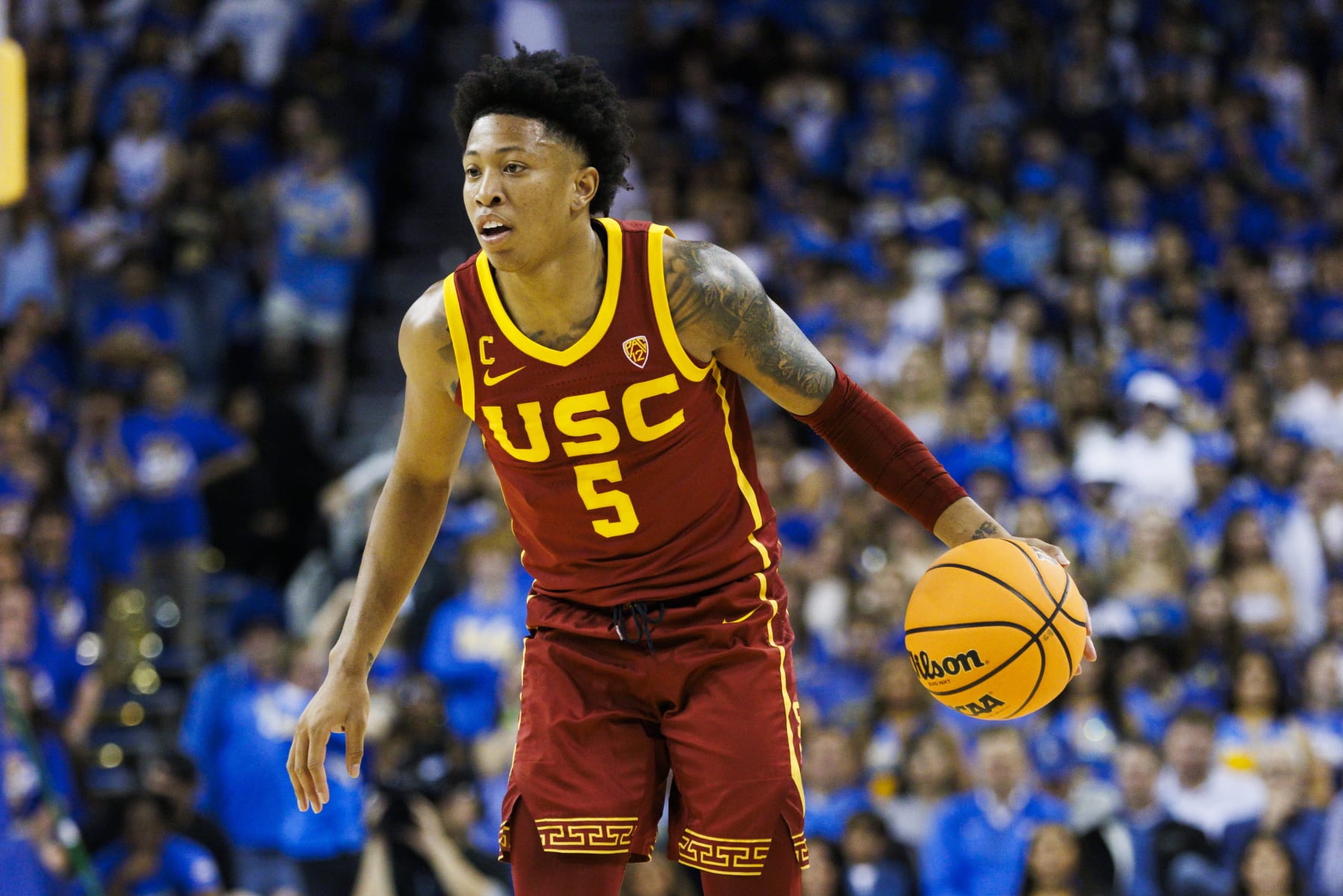 LOS ANGELES, CA - FEBRUARY 24: USC Trojans guard Boogie Ellis (5) dribbles during a college basketball game against the UCLA Bruins on February 24, 2024 at Pauley Pavilion in Los Angeles, CA. (Photo by Ric Tapia/Icon Sportswire via Getty Images)