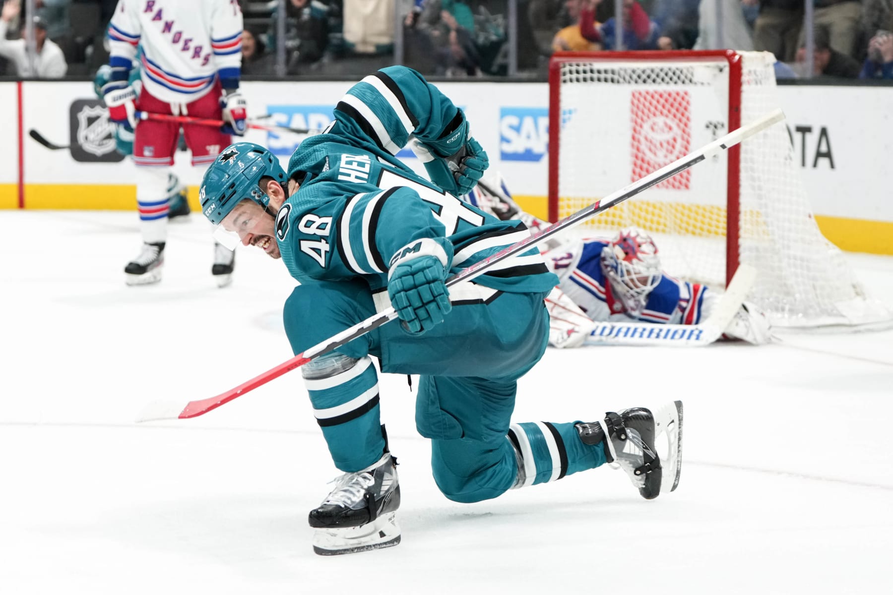 SAN JOSE, CALIFORNIA - JANUARY 23: Tomas Hertl #48 of the San Jose Sharks celebrates an overtime goal scored against the New York Rangers at SAP Center on January 23, 2024 in San Jose, California. (Photo by Andreea Cardani/NHLI via Getty Images)
