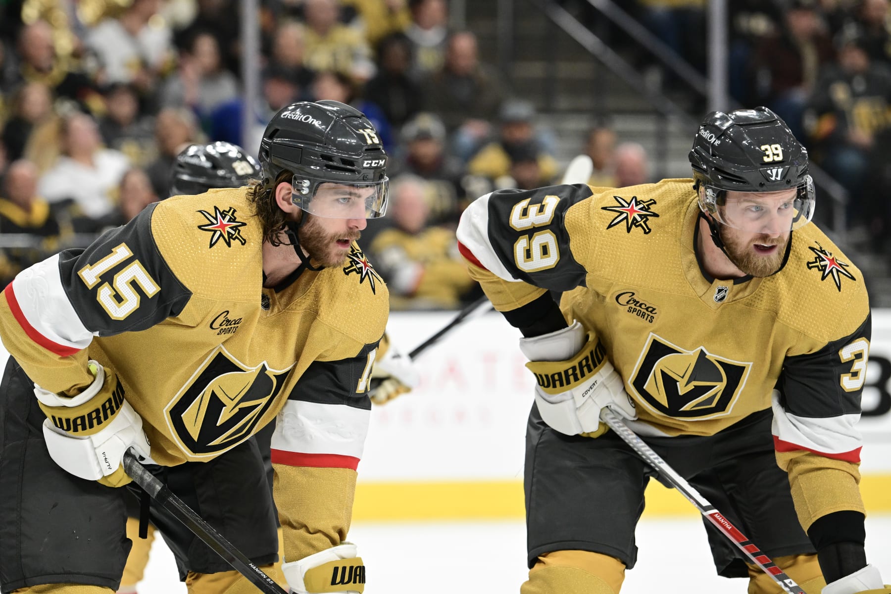 LAS VEGAS, NEVADA - MARCH 07: Noah Hanifin #15 and Anthony Mantha #39 of the Vegas Golden Knights waits for a faceoff in the first period at T-Mobile Arena on March 07, 2024 in Las Vegas, Nevada. (Photo by Candice Ward/Getty Images)