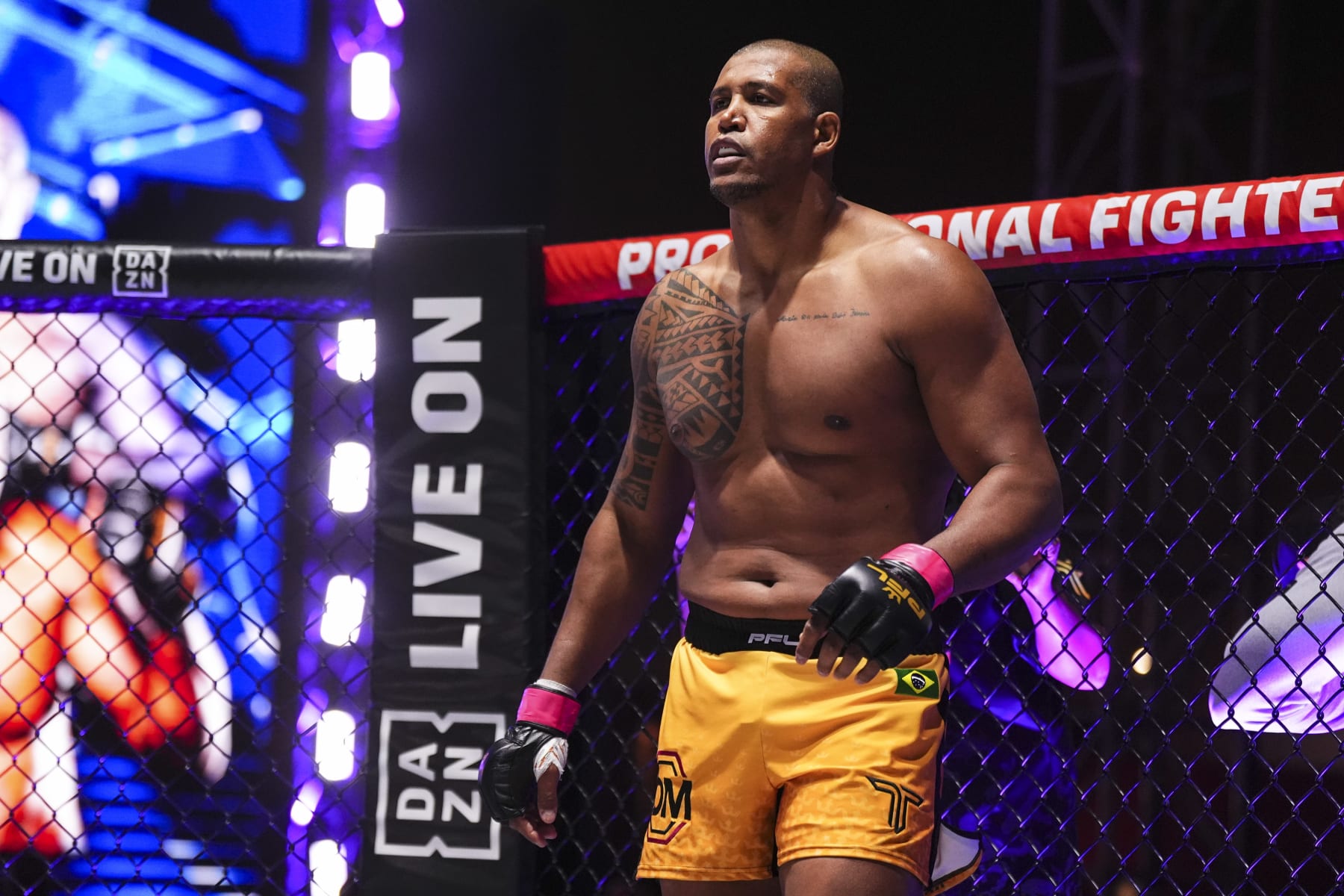 RIYADH, SAUDI ARABIA - FEBRUARY 25: Renan Ferreira prepares to fight against Ryan Bader during the 2024 PFL vs Bellator: Champs event at Kingdom Arena on February 25, 2024 in Riyadh. (Photo by Cooper Neill/Getty Images)